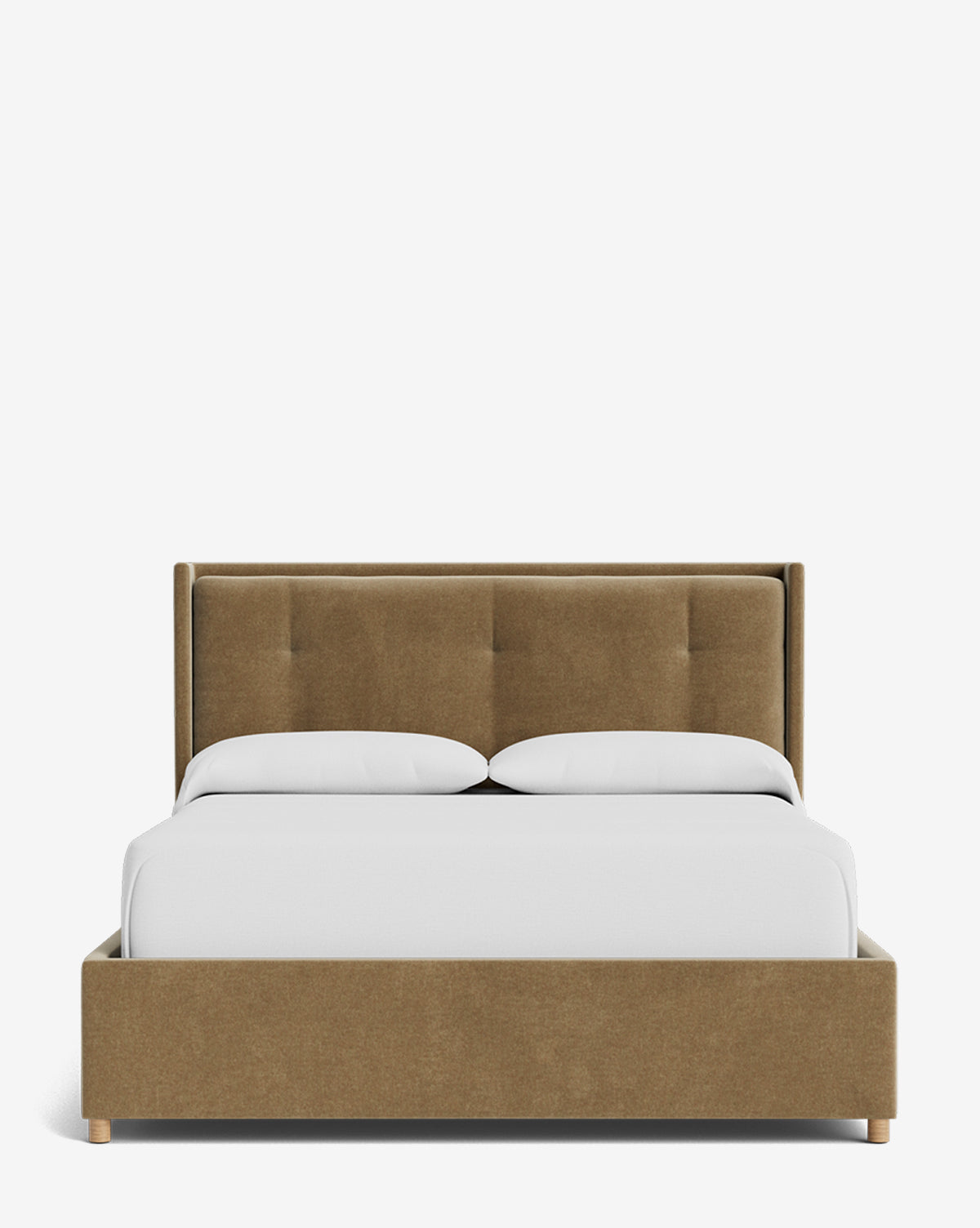 The Ria Bed Low Headboard features a tan upholstered frame and headboard, styled with two white pillows and a crisp white duvet, shown from the front against a plain white background by McGee & Co.