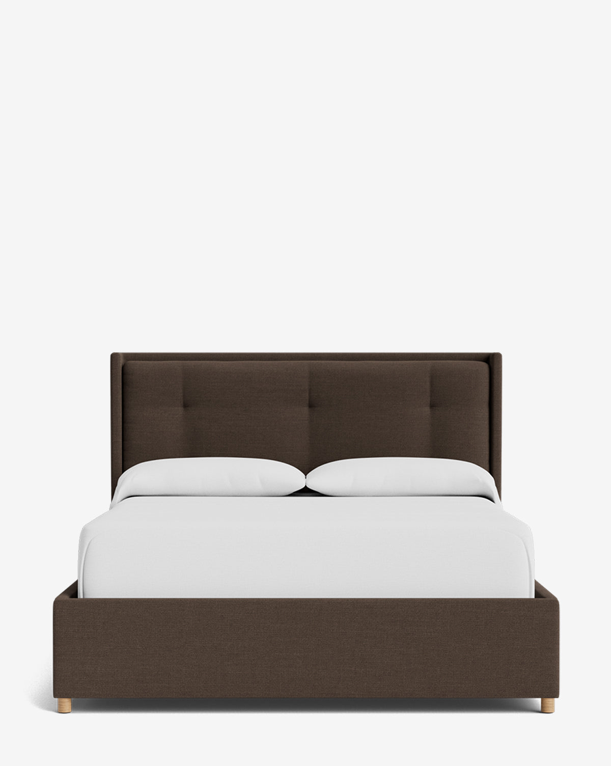 The Ria Bed Low Headboard features a modern, dark brown upholstered design with a rectangular, tufted headboard and white bedding, displayed from the front against a plain white background by McGee & Co.