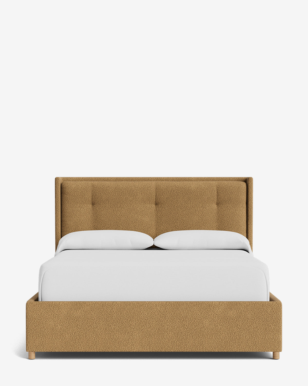 The Ria Bed Low Headboard features a tan upholstered frame and headboard with a clean, modern design. Its shown neatly made with white bedding and two pillows against a plain white background by McGee & Co.