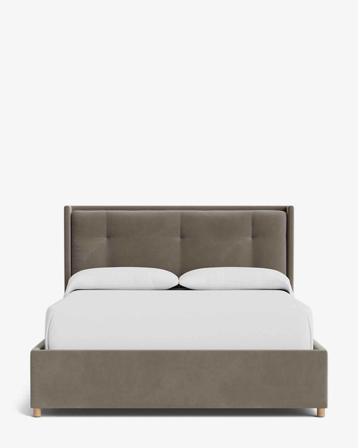 The Ria Bed Low Headboard is a modern upholstered bed with a gray tufted headboard and frame, shown with two pillows and white bedding on a plain white background, by McGee & Co.