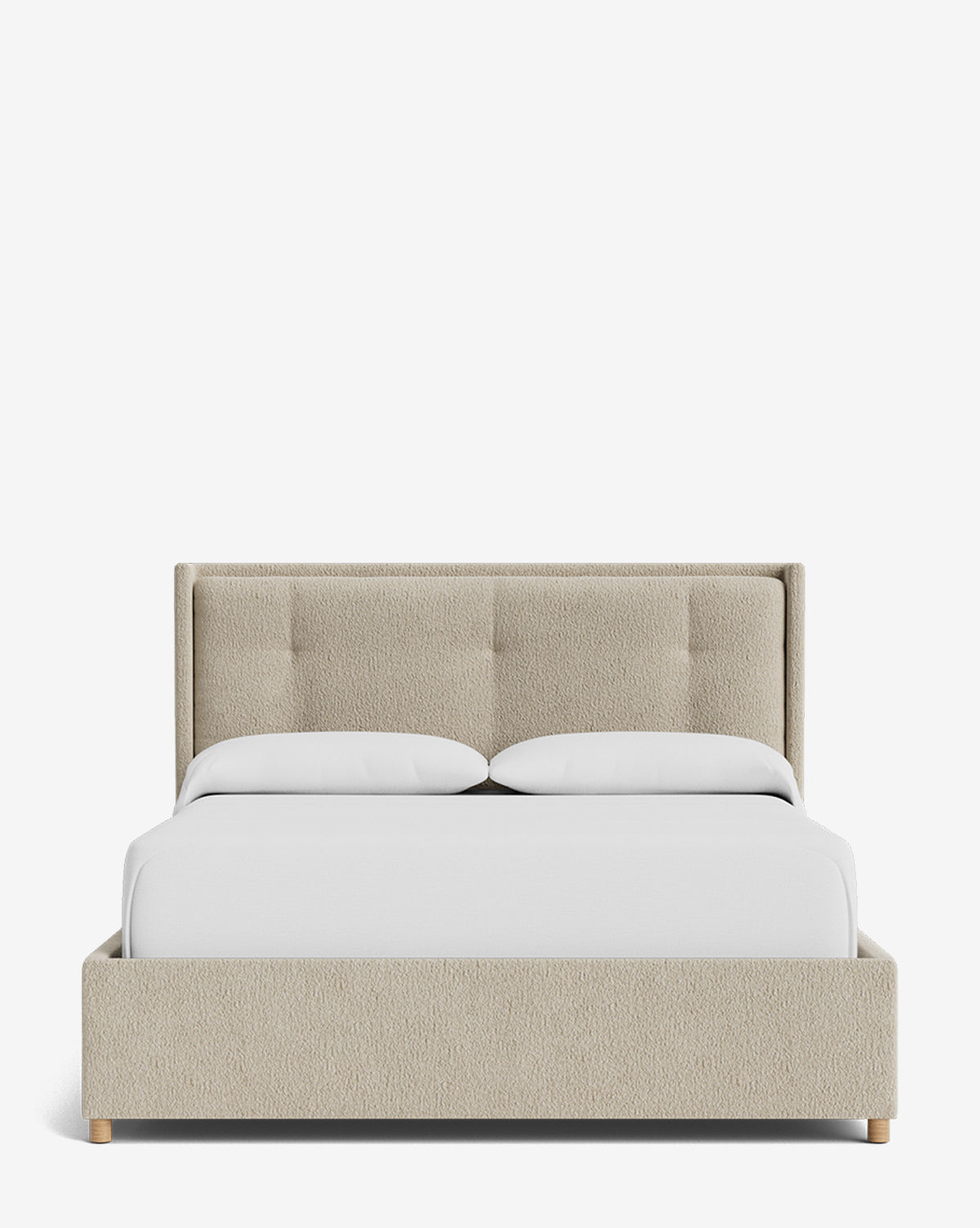 The Ria Bed Low Headboard is a modern upholstered bed with a light beige, tufted headboard and footboard, shown with white bedding and two pillows against a plain white background, by McGee & Co.