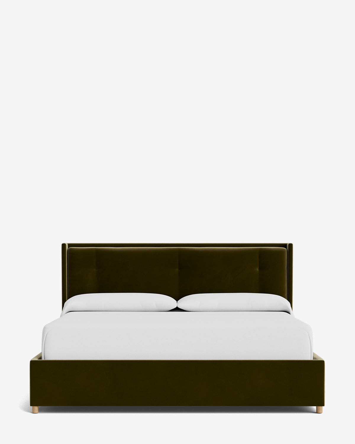 The Ria Bed Low Headboard features a modern dark green upholstered frame with white bedding and two pillows, shown from the front against a plain white background, by McGee & Co.
