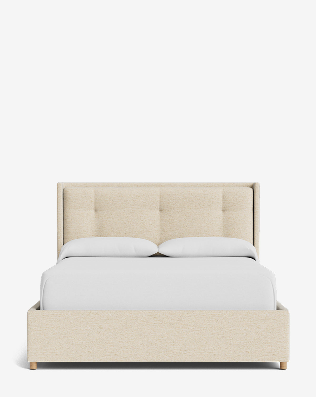 Front view of the Ria Bed Low Headboard, a modern beige upholstered bed with a low headboard, light wood legs, and white bedding against a plain white background, by McGee & Co.