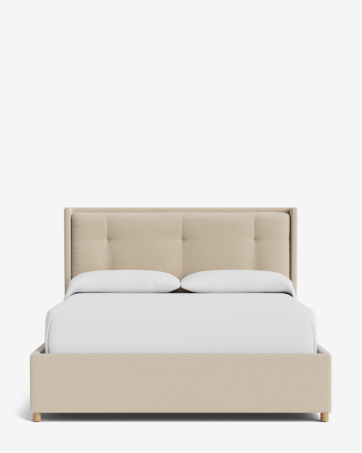 The Ria Bed Low Headboard features beige upholstery with a tufted headboard, two white pillows, and a white blanket, shown from the front against a plain white background for an elegant bedroom touch by McGee & Co.