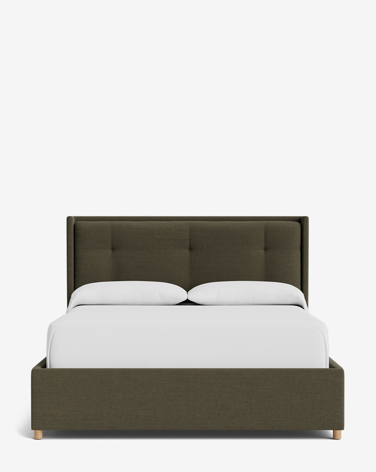 The Ria Bed Low Headboard features a modern olive-green upholstered frame and tufted headboard, neatly styled with white bedding and two pillows, displayed from the front on a white background by McGee & Co.