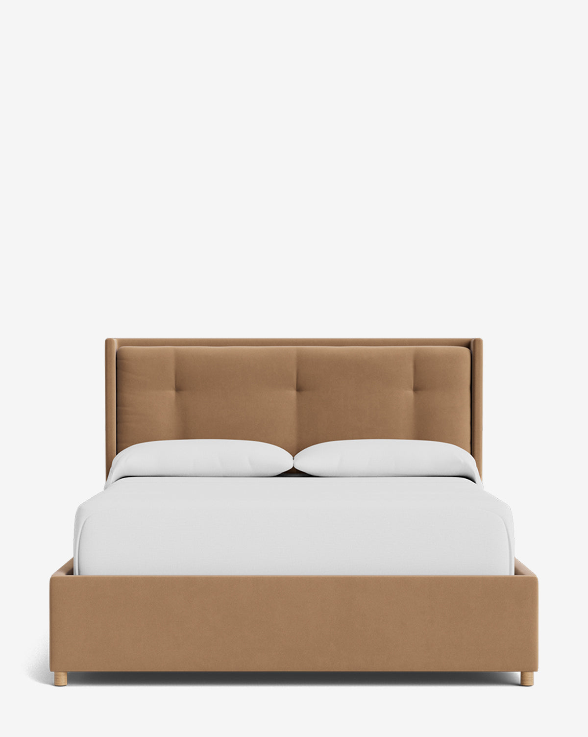 The Ria Bed Low Headboard features a modern tan upholstered frame and headboard, with white bedding and two white pillows, shown against a plain white background—bringing simple elegance to any bedroom, by McGee & Co.