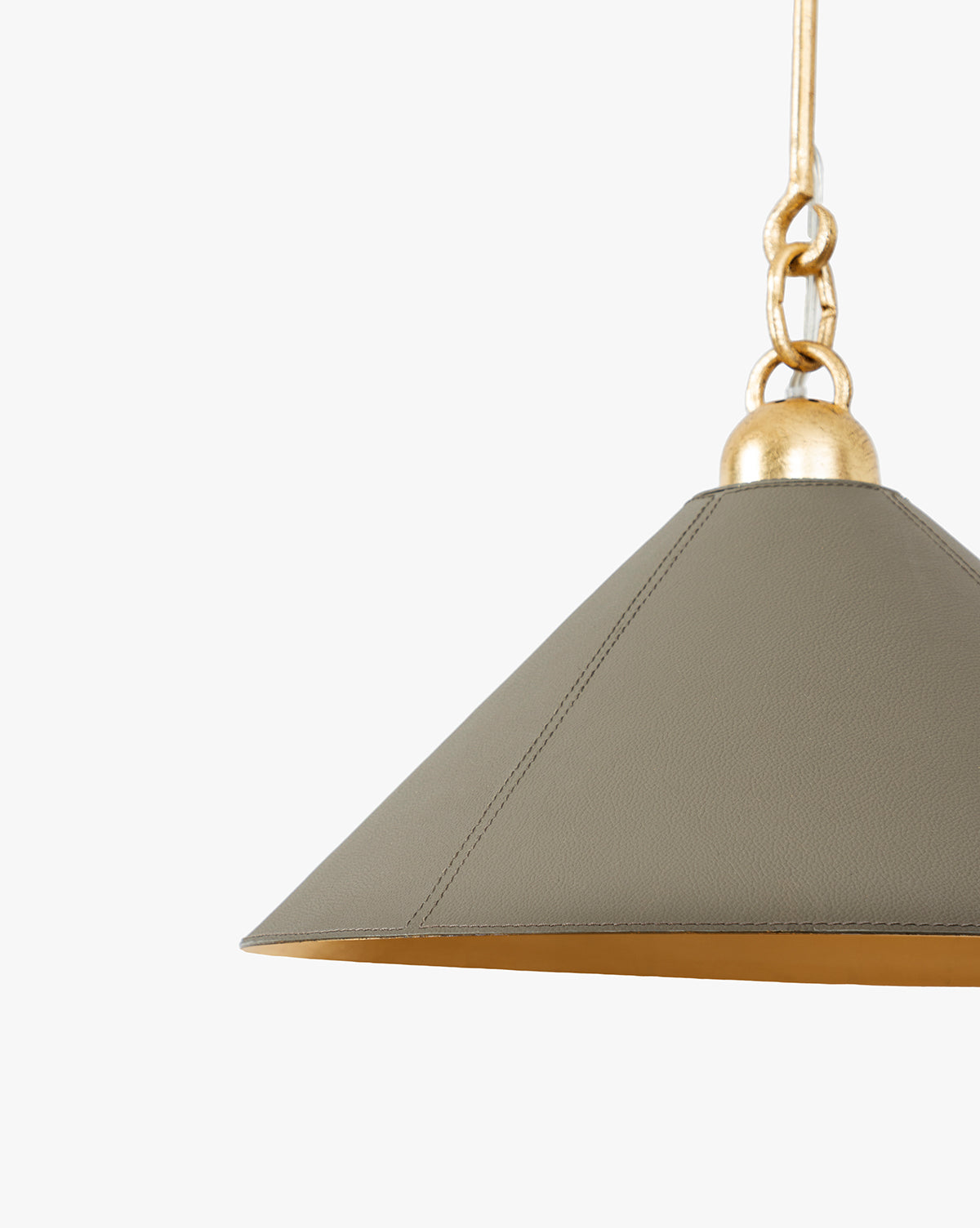 The Scarlett Pendant features a matte gold leafed iron chain and conical taupe shade with visible stitching, shown here against a plain white background, by McGee & Co.