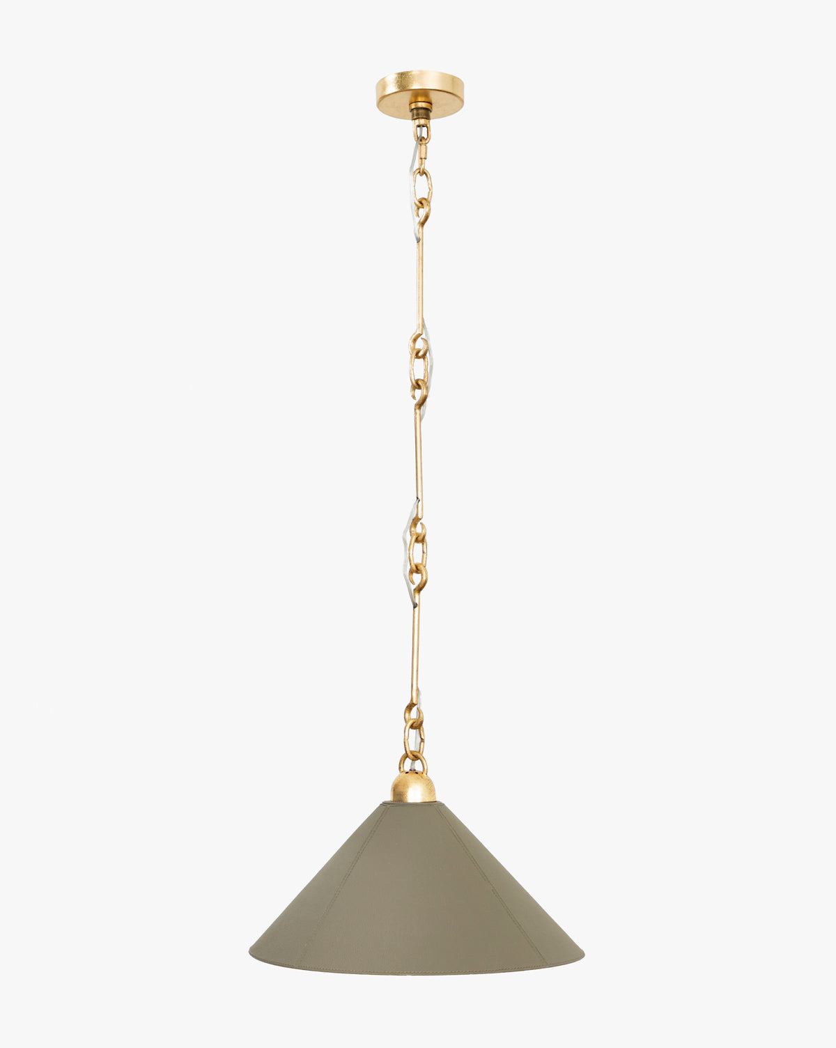 The Scarlett Pendant features a wide, conical olive green shade and gold leafed iron chain, suspended from a gold ceiling fixture—ideal for adding modern elegance to any space, by McGee & Co.