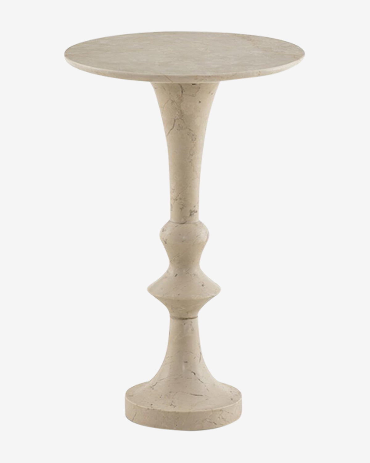 The Sconset Side Table is a round, beige marble accent table with a sculpted pedestal base and smooth surface—perfect for adding modern elegance to your home decor, by McGee & Co.