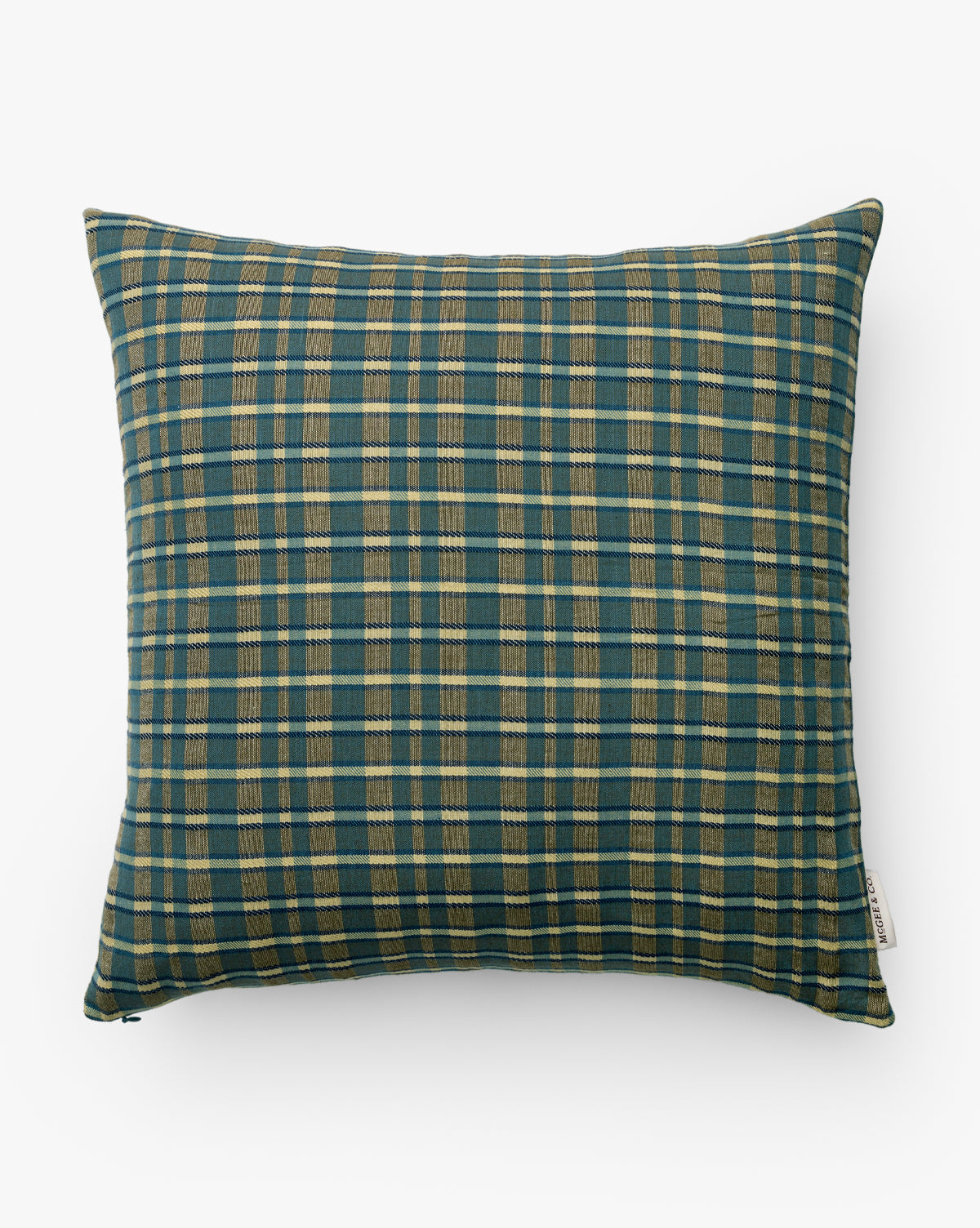The Selwyn Plaid Pillow Cover features a blue and tan rectangular plaid pattern and a small fabric tag, displayed on a white background—an elegant, timeless accent for any space, by McGee & Co.