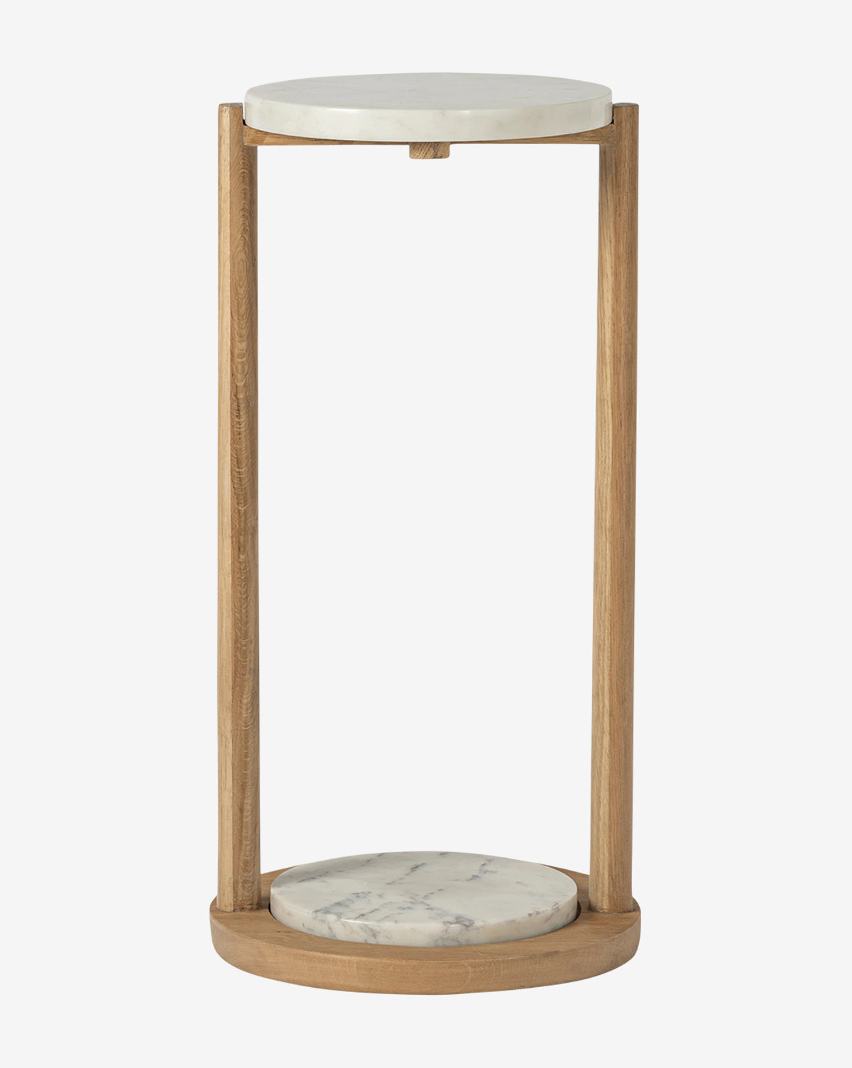 The Skylar Side Table showcases a round white marble top and bottom shelf, both supported by three natural oak legs in a minimalist open design, by McGee & Co.