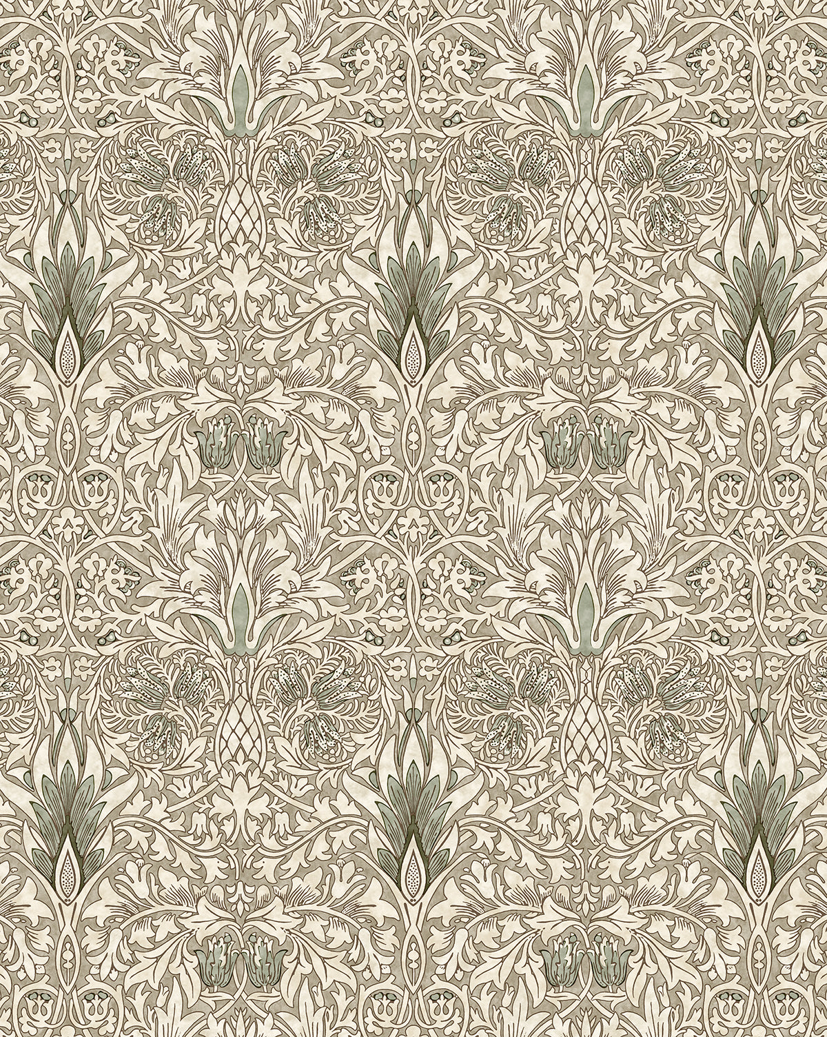 Certainly! Here’s your revised text with the exact string McGee & Co. blended at the end as requested: Morris & Co. x McGee & Co. Snakeshead Wallpaper by Sanderson Design Group, Inc. features a vintage-inspired, intricate beige and green floral pattern with symmetrical stylized flowers and leaves in a repeating botanical design by McGee & Co.