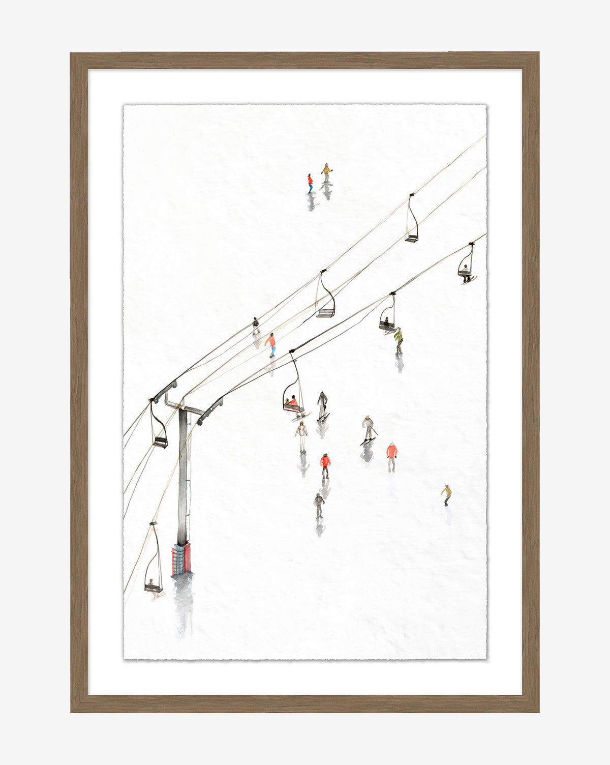 Snowy Ski Lift II: Framed minimalist art featuring a ski lift above a snowy landscape with skiers and snowboarders in colorful winter attireāperfect winter wall dĆ©cor, by McGeeāÆ&āÆCo.