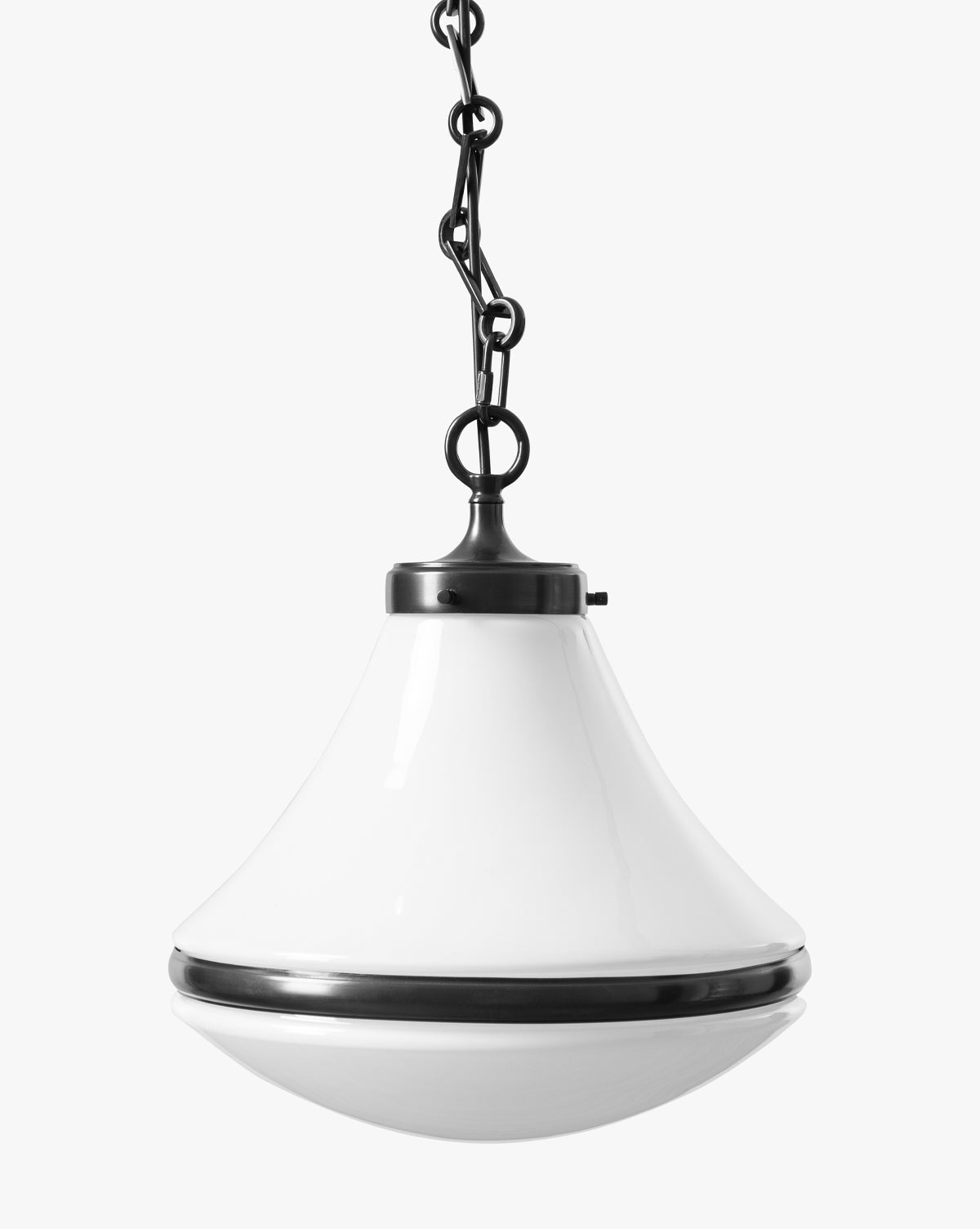 The Sutter Pendant features a modern teardrop shape with a white flared glass shade, black metal trim, and hangs from a black chain, all showcased against a plain white background by McGee & Co.