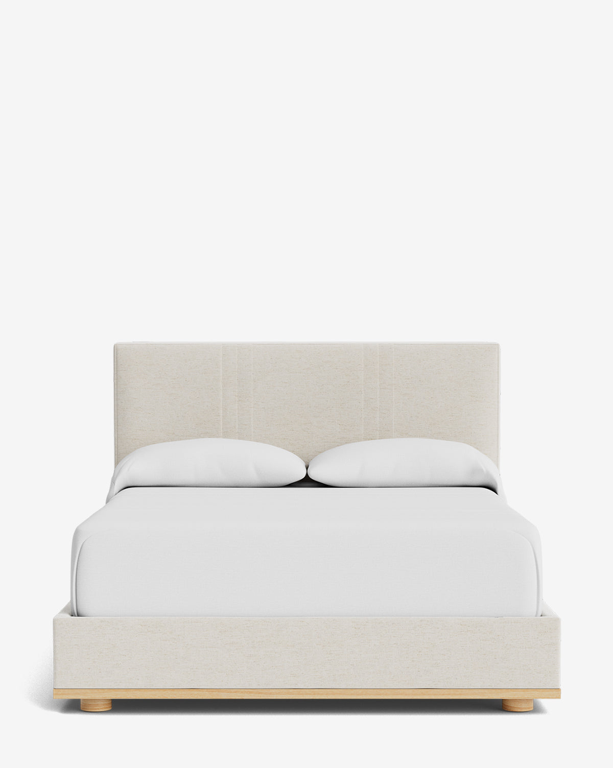 The Taylor Pleated Bed features a modern beige pleated design with a tall upholstered headboard, white bedding, and two pillows, displayed from the front against a plain white background by McGee & Co.