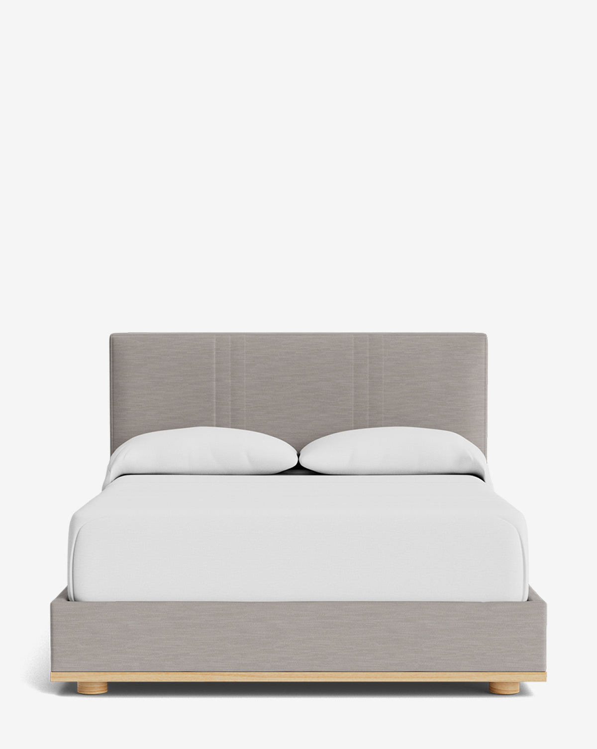 The Taylor Pleated Bed features a modern gray pleated design with a rectangular headboard, white bedding, two pillows, and a light wooden base, displayed against a plain white background by McGee & Co.