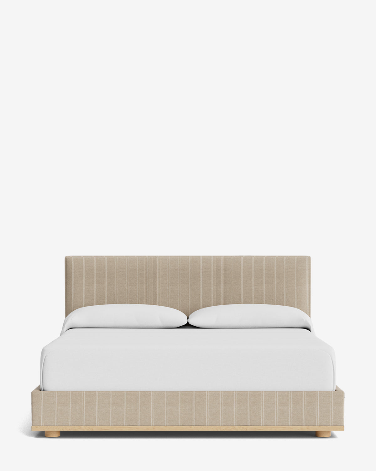 The Taylor Pleated Bed features beige designer upholstery with vertical white pinstripes, a rectangular headboard, white bedding, and two pillows, shown from the front against a plain white background by McGee & Co.