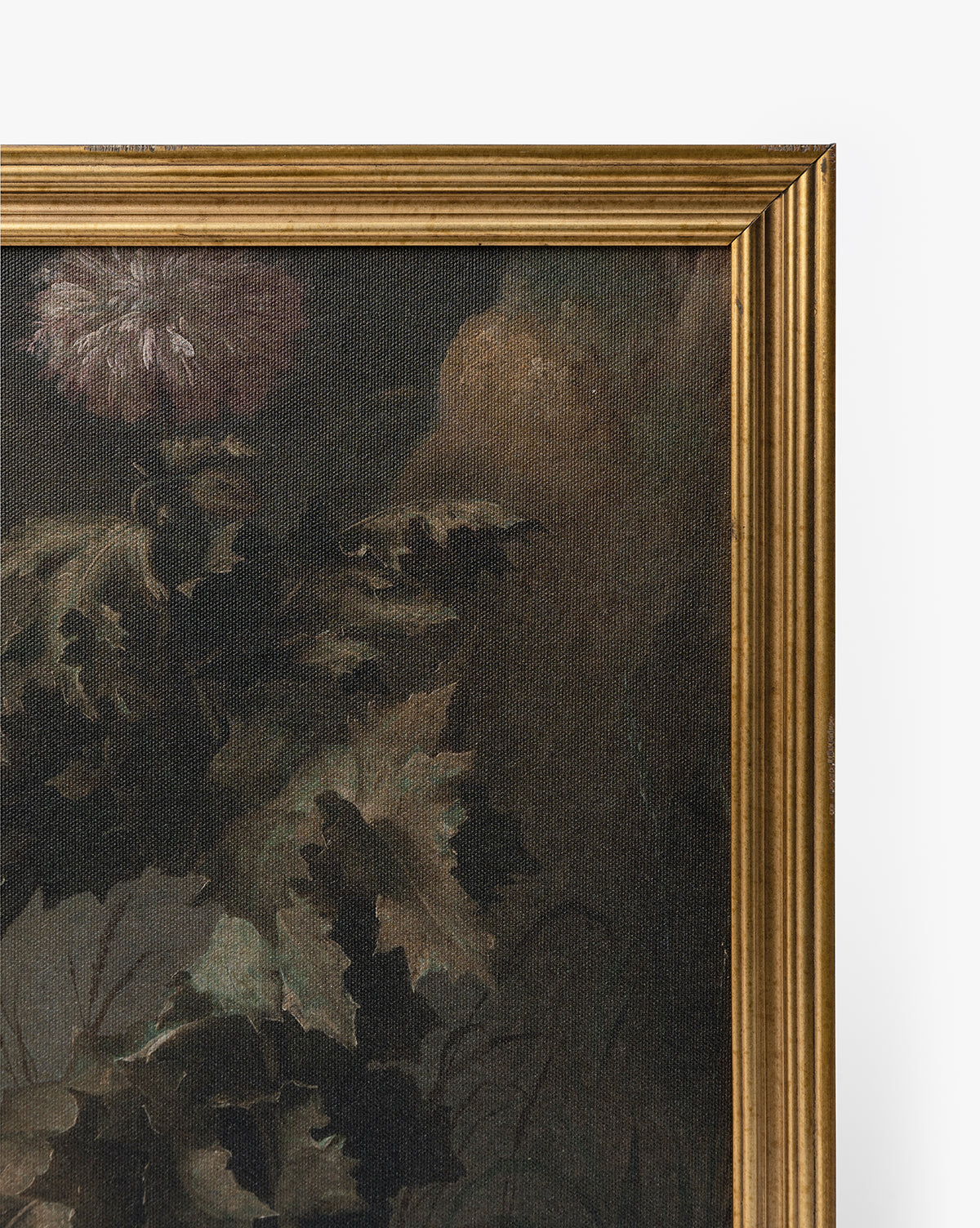 A close-up of Thistle Down, featuring dark green leaves and a purple thistle down flower on textured canvas in an antique gold frame—ideal for anyone who loves flower wall art, by McGee & Co.