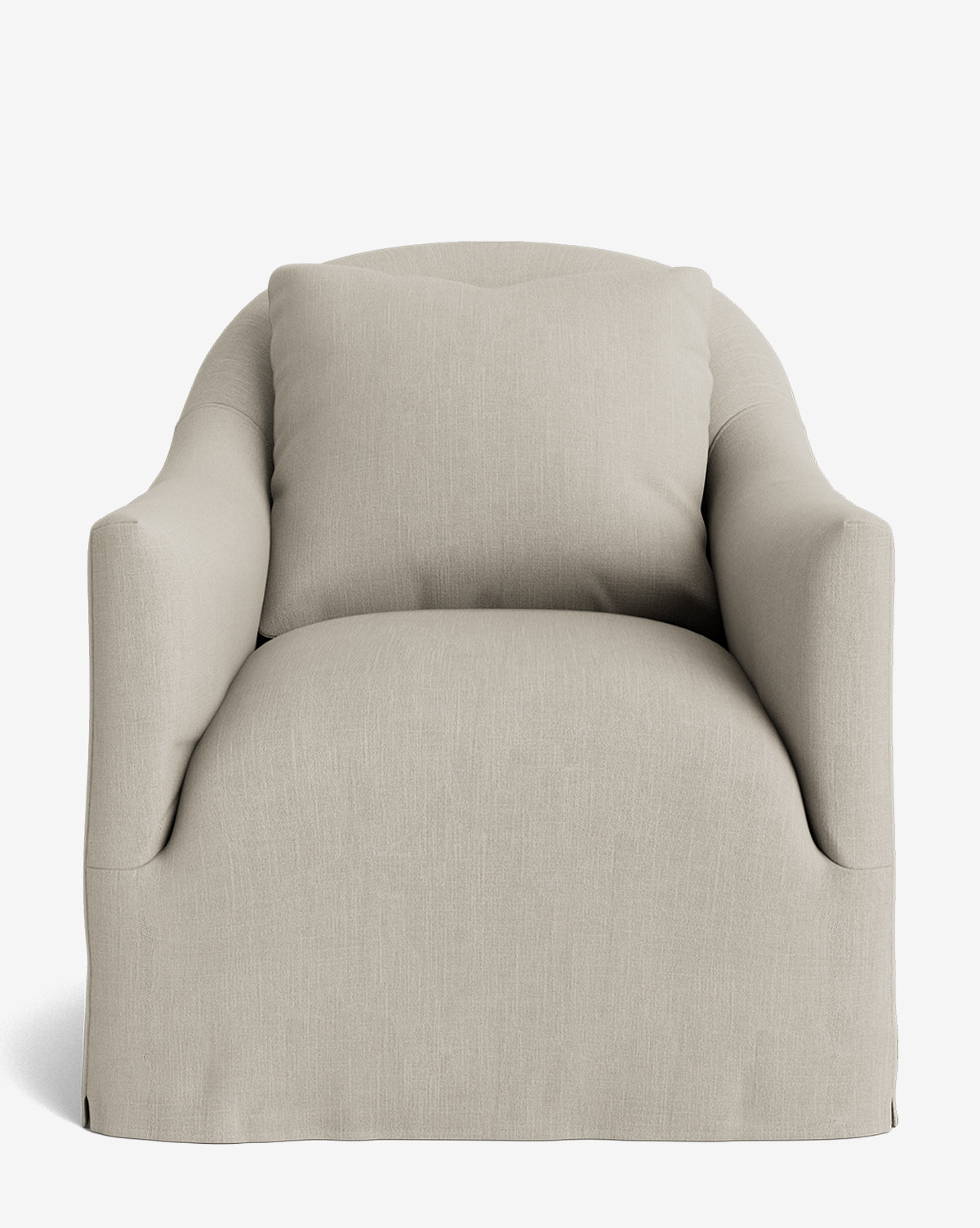 The Trudeaux Slipcover Swivel Chair features light beige fabric upholstery, soft rounded arms, and a thick cushioned seat and backrest, shown from the front against a white background by McGee & Co.