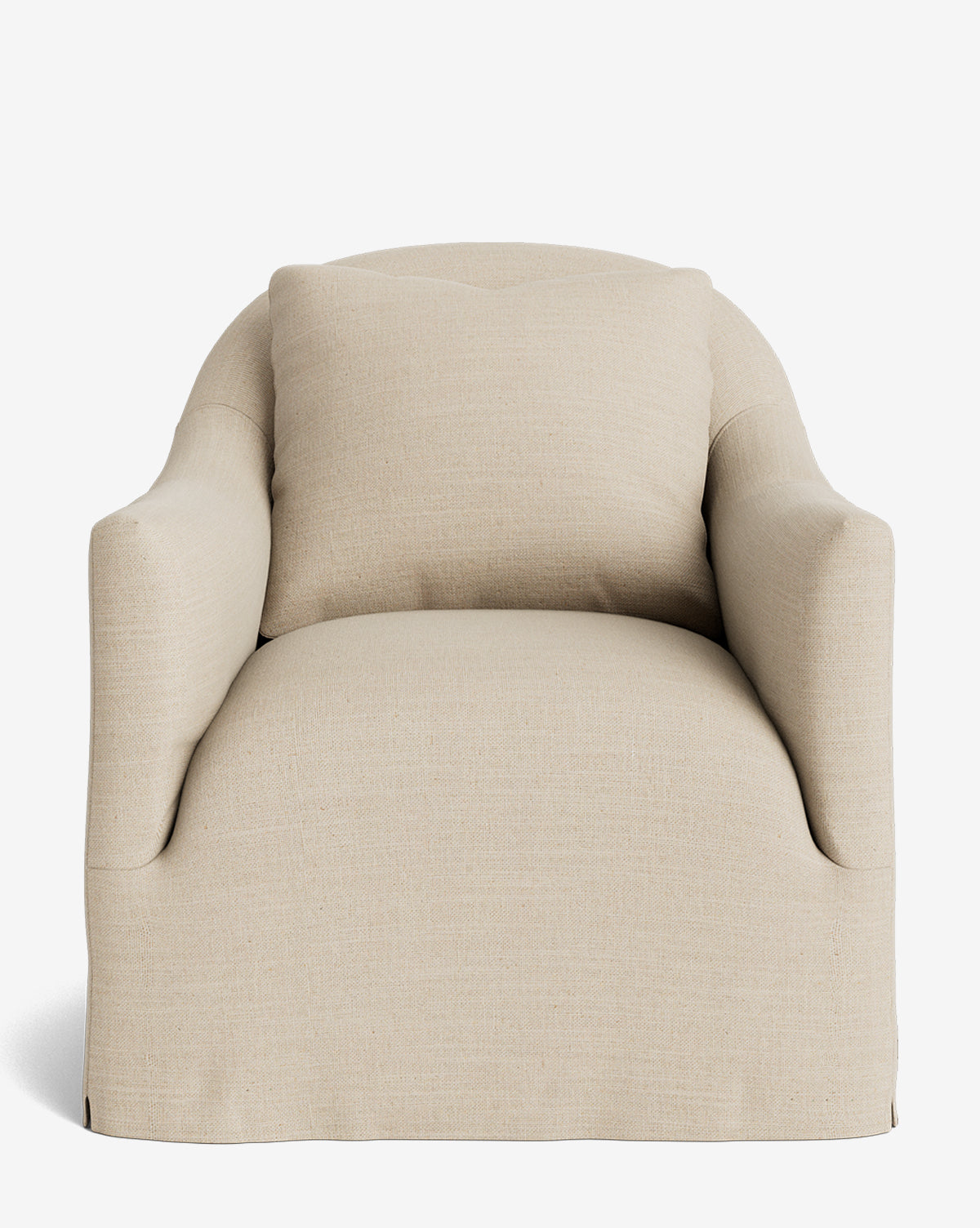 The Trudeaux Slipcover Swivel Chair is a plush beige lounge seat with soft cushioning, curved armrests, and a matching back pillow in smooth fabric, shown from the front on a plain white background by McGee & Co.