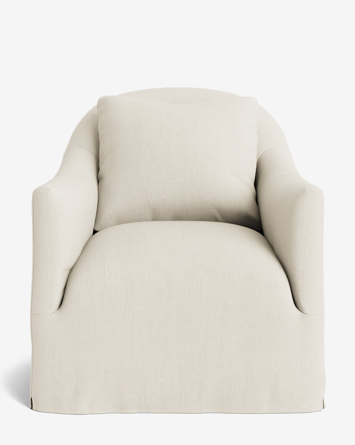 The Trudeaux Slipcover Swivel Chair features a plush, cream-colored design with curved arms and a cushioned backrest, making it the ideal customizable lounge chair for any living space, by McGee & Co.