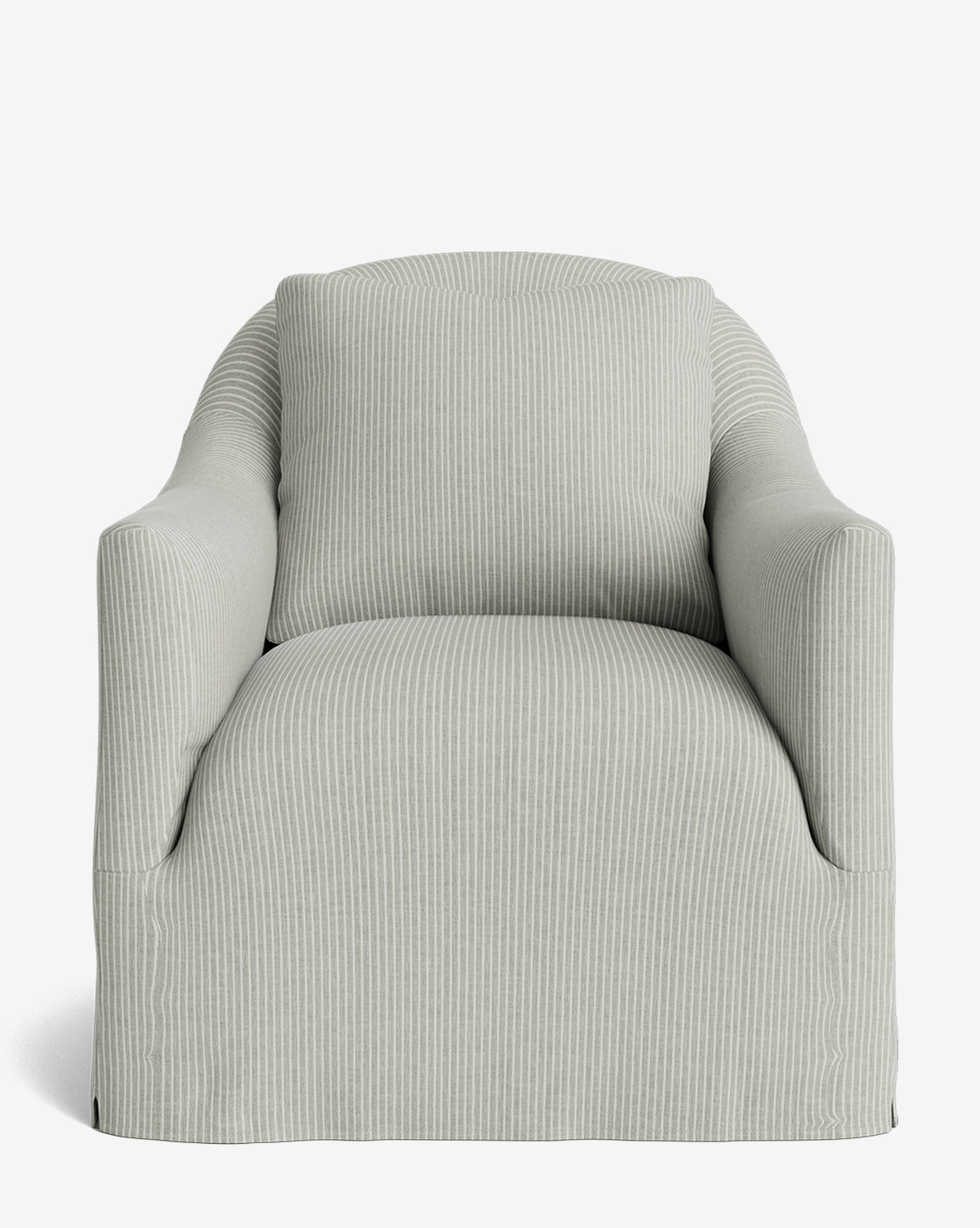 The Trudeaux Slipcover Swivel Chair features a modern front view with soft, light gray fabric in thin vertical stripes, a rounded back, wide cushioned seat, armrests, and a relaxed tailored skirt at the base, by McGee & Co.