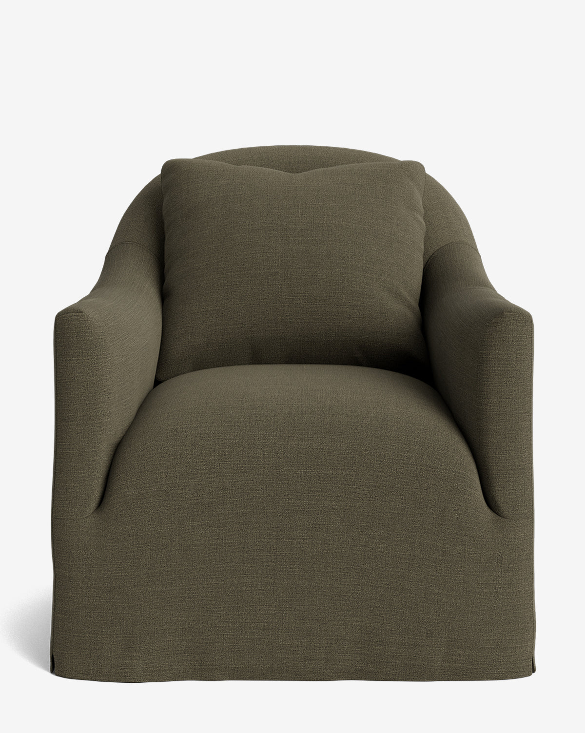 A front view of the Trudeaux Slipcover Swivel Chair, a plush olive-green lounge chair with a loose back cushion and gently curved arms, shown against a plain white background, by McGee & Co.