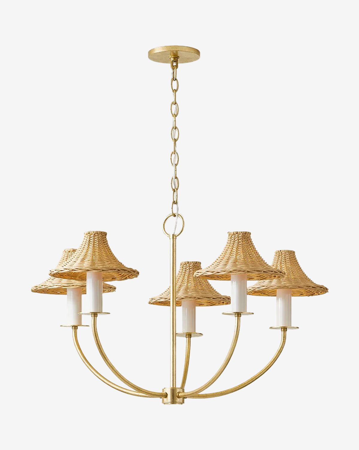 The Twila Chandelier by Hudson Valley Lighting features five curved gold arms, each with a candle-shaped light and woven wicker shade, hanging elegantly from a gold chain—a modern update to the classic rattan chandelier. McGee & Co.
