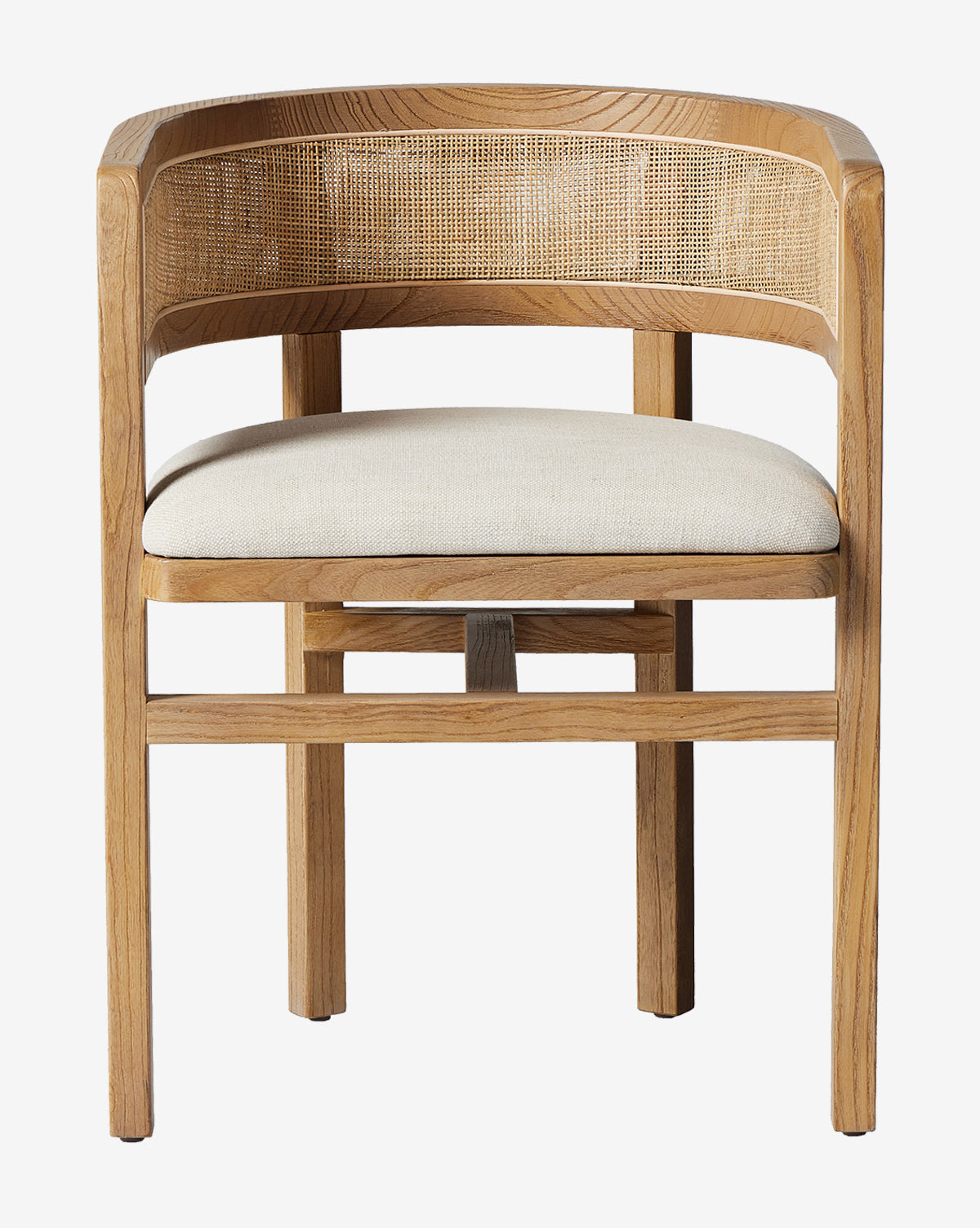 The Valissa Dining Armchair boasts a modern design with a curved open-back, cane barrel seatback, beige cushioned seat, and light wood finish for an elegant look, by McGee & Co.