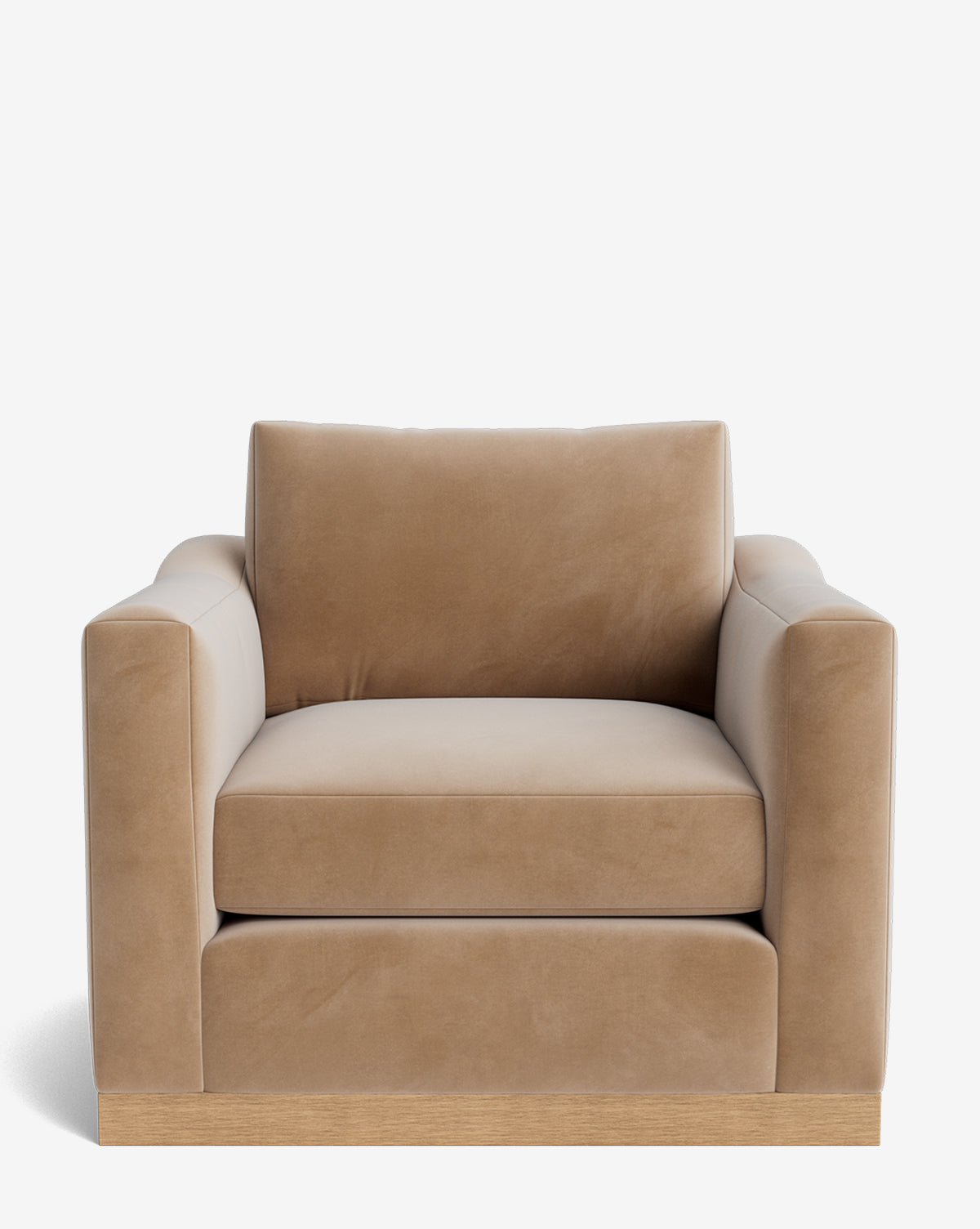 The Vernon Lounge accent chair showcases a modern boxy design with wide, straight armrests and a sturdy alder wood frame. Upholstered in light brown suede-like fabric, it offers customizable upholstery for stylish comfort against a plain white background, by McGee & Co.