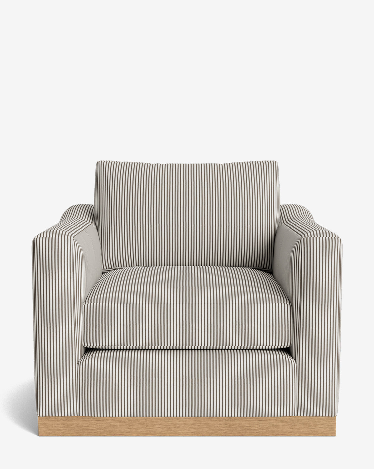 The Vernon Lounge Chair showcases bold black and white vertical stripes, wide armrests, and a durable alder wood frame, pictured front view on a plain white background. Customizable upholstery options are available by McGee & Co.