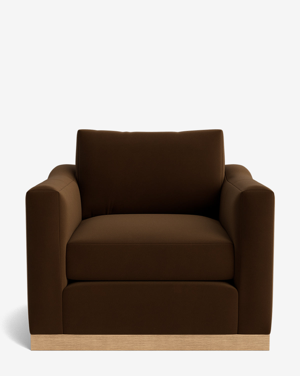 The Vernon Lounge Chair showcases a modern, wide design with customizable dark brown upholstery and a light alder wood frame, shown from the front on a plain white background by McGee & Co.