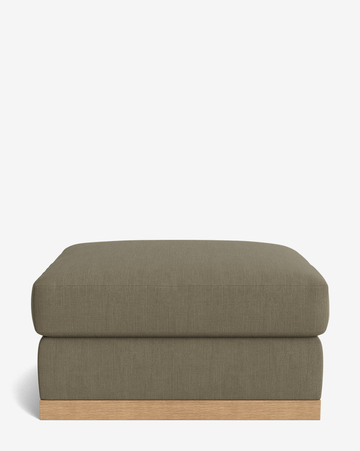 The Vernon Modular Ottoman is a square olive green velvet piece with a wooden base, displayed against a plain white background by McGee & Co.