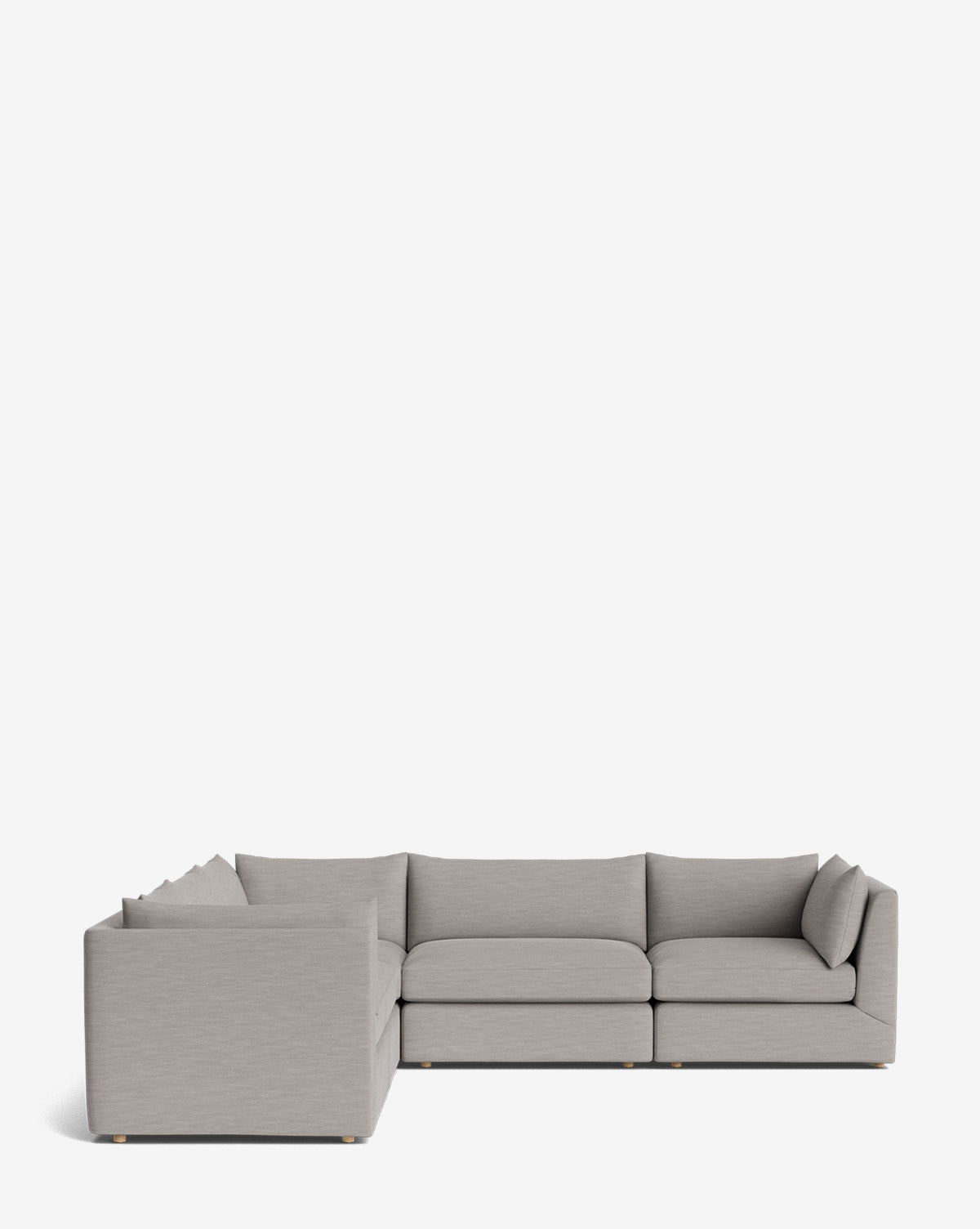 The Makerspalm Vivienne Modular L Sectional is a modern, light gray sofa with plush seat and back cushions, low arms, and subtle wooden legs, shown against a plain white background. McGee & Co.