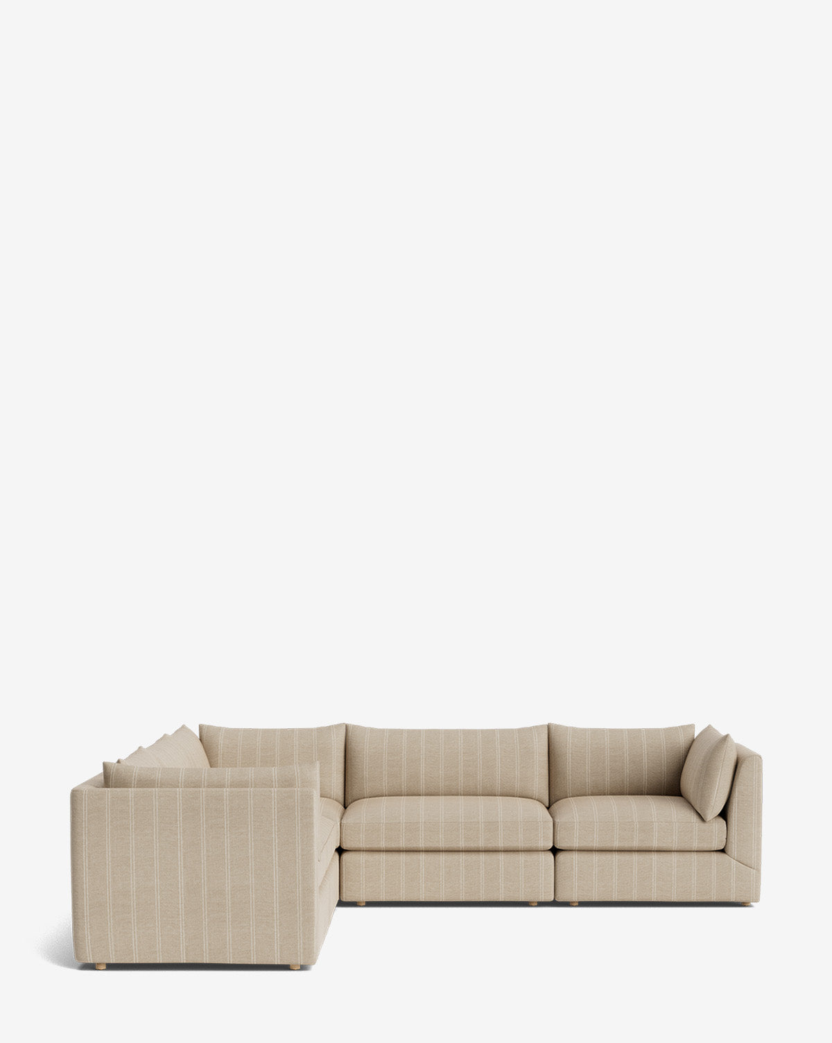 The Vivienne Modular L Sectional features a beige color with subtle vertical stripes and low-profile cushions, crafted from high-quality fabric, displayed against a plain white background, by McGee & Co.