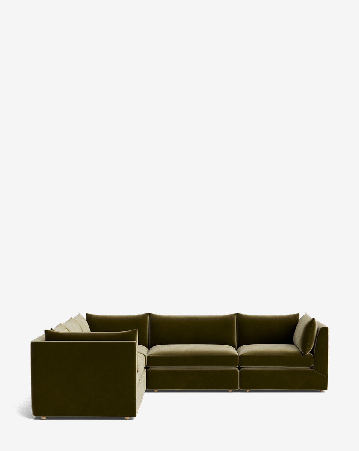 The Makerspalm Vivienne Modular L Sectional features a modern olive green design with clean lines and plush cushions, shown on a plain white background by McGee & Co.
