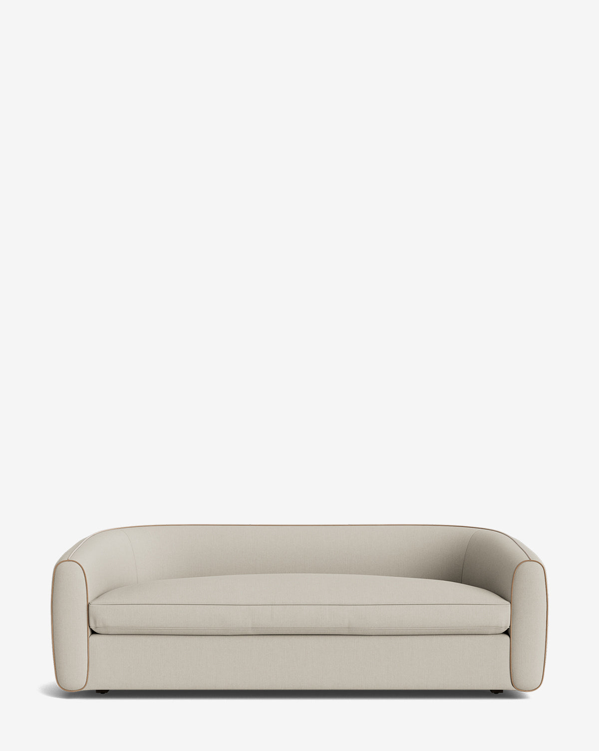 The Wexler Sofa 90 in beige features curved arms, a low backrest, and clean lines. With a smooth upholstered finish and customizable designer fabrics, this modern, minimalist piece stands out against a plain white background, by McGee & Co.