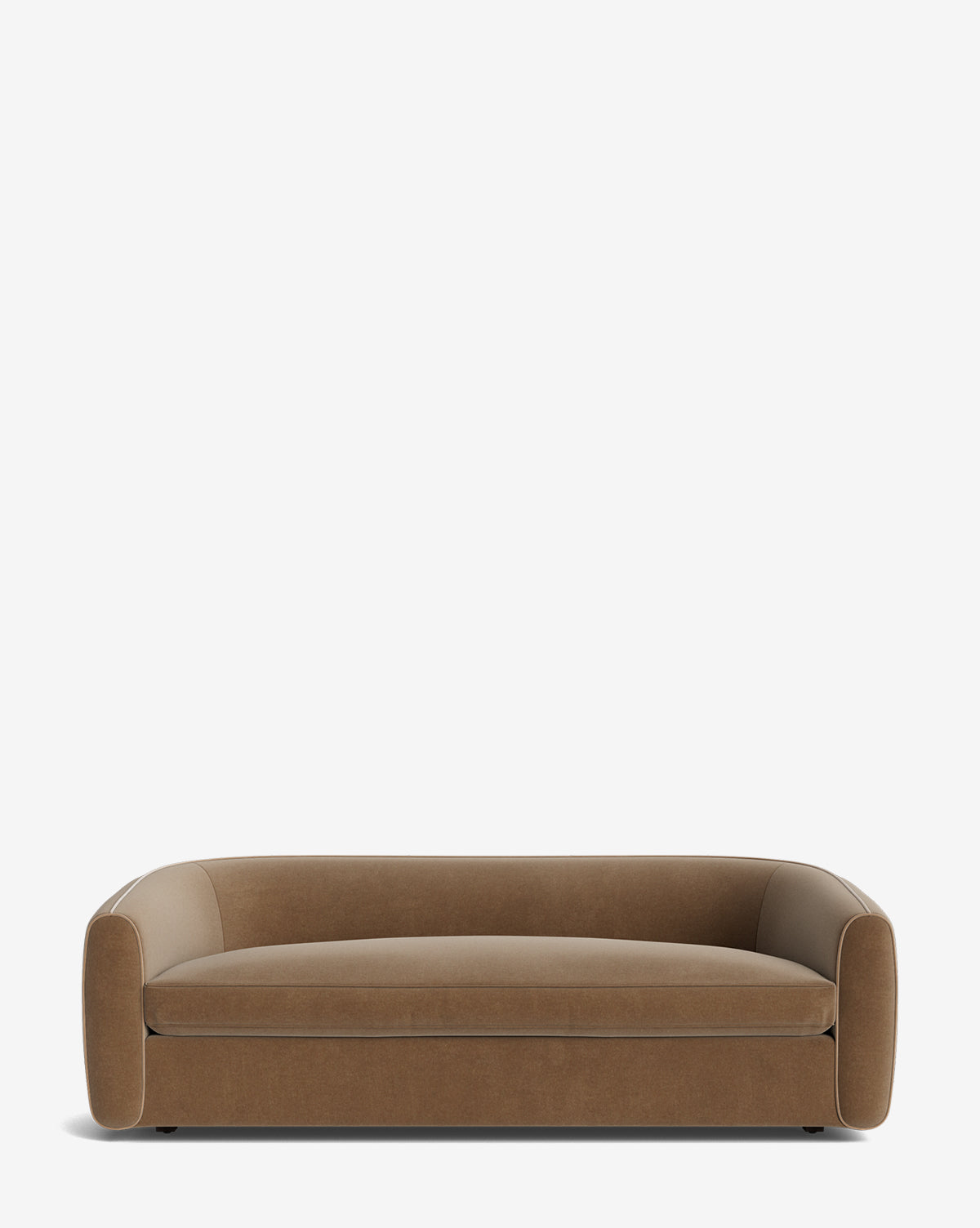 The Wexler Sofa 90 showcases brown upholstery, rounded arms, and a low backrest on a clean white background, by McGee & Co. Select from customizable designer fabric options to suit your style.