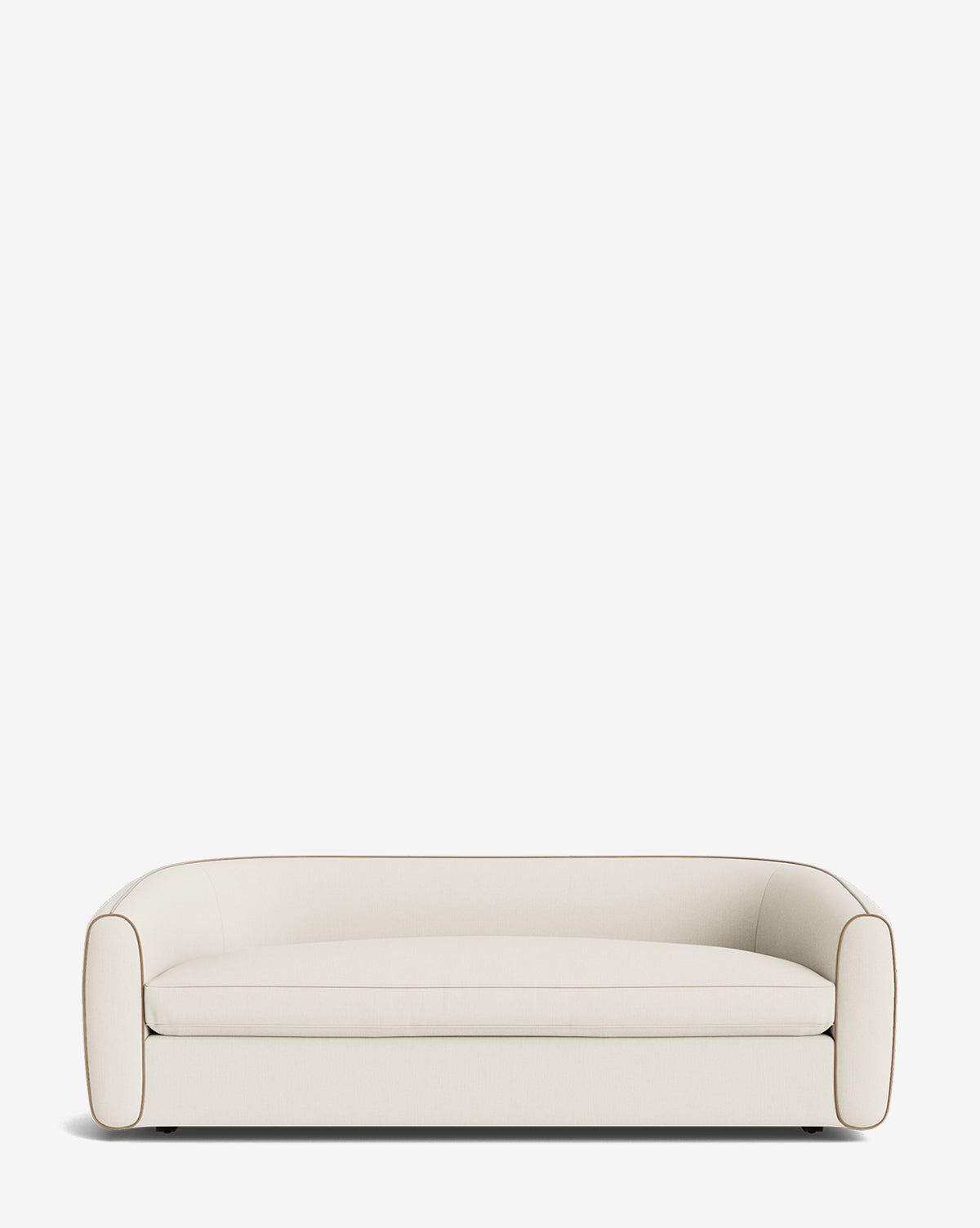The Wexler Sofa 90 features a modern, minimalist design with cream-colored customizable designer fabric, rounded edges, low arms, and subtle piping detail along the seams, shown against a plain white background by McGee & Co.