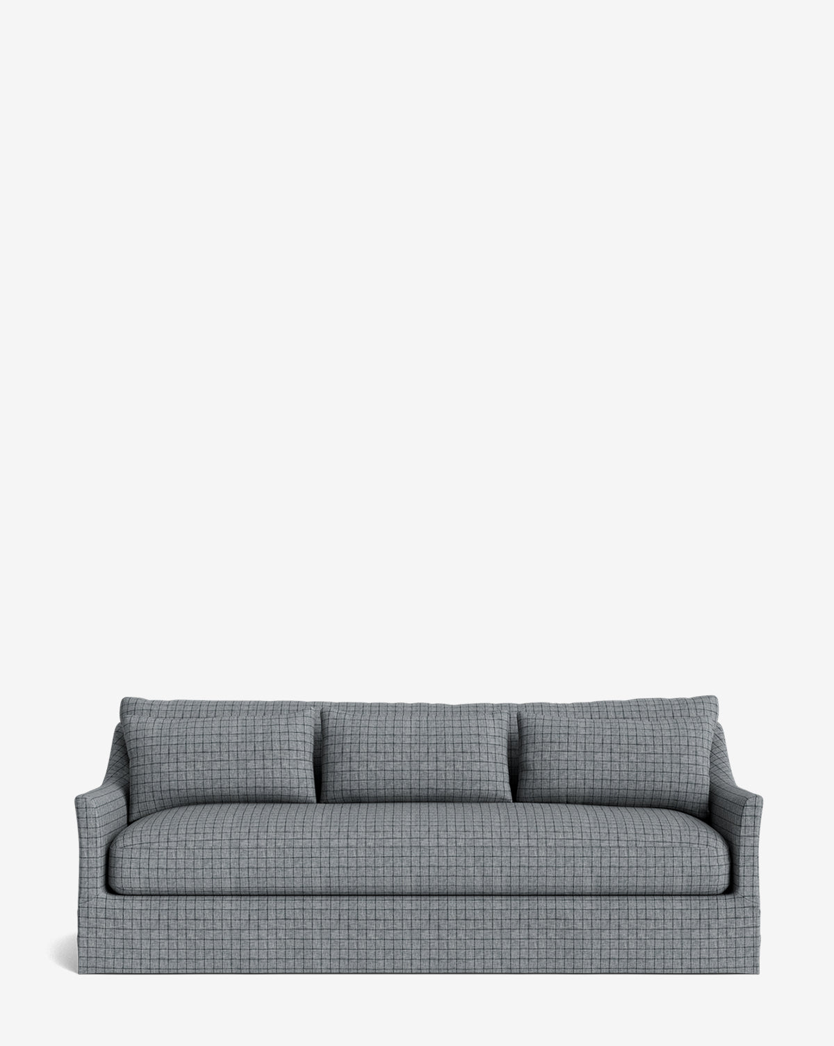 The Wilhelmina Deep Slipcover Sofa (85-110) features a modern gray design with three seat and back cushions, a subtle checkered pattern, and low flared arms, shown against a plain white background by McGee & Co.