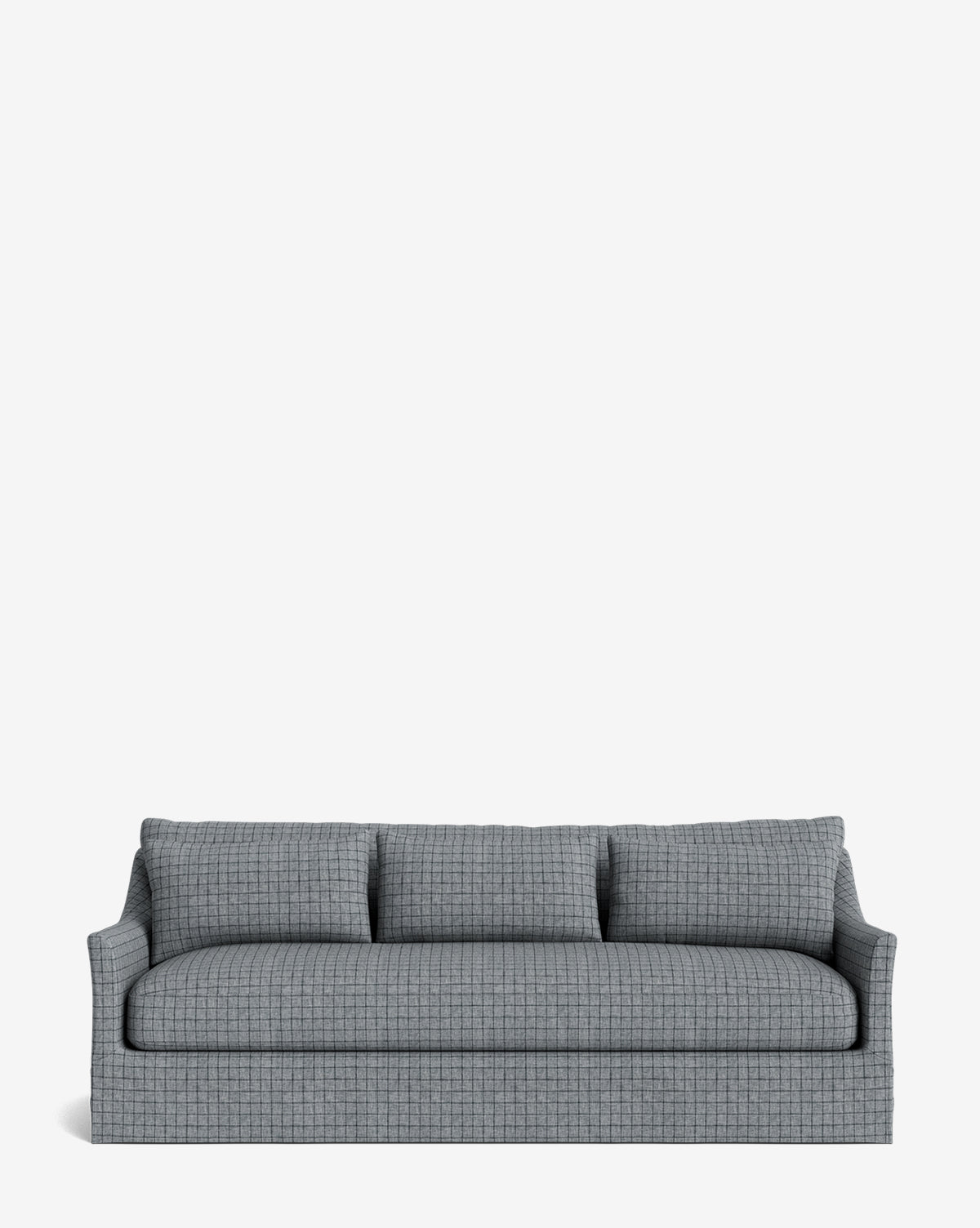 The Wilhelmina Deep Slipcover Sofa (85-110) is a gray three-seater with a checkered pattern, three back cushions, and slightly flared arms, offering luxurious seating against a plain white background by McGee & Co.