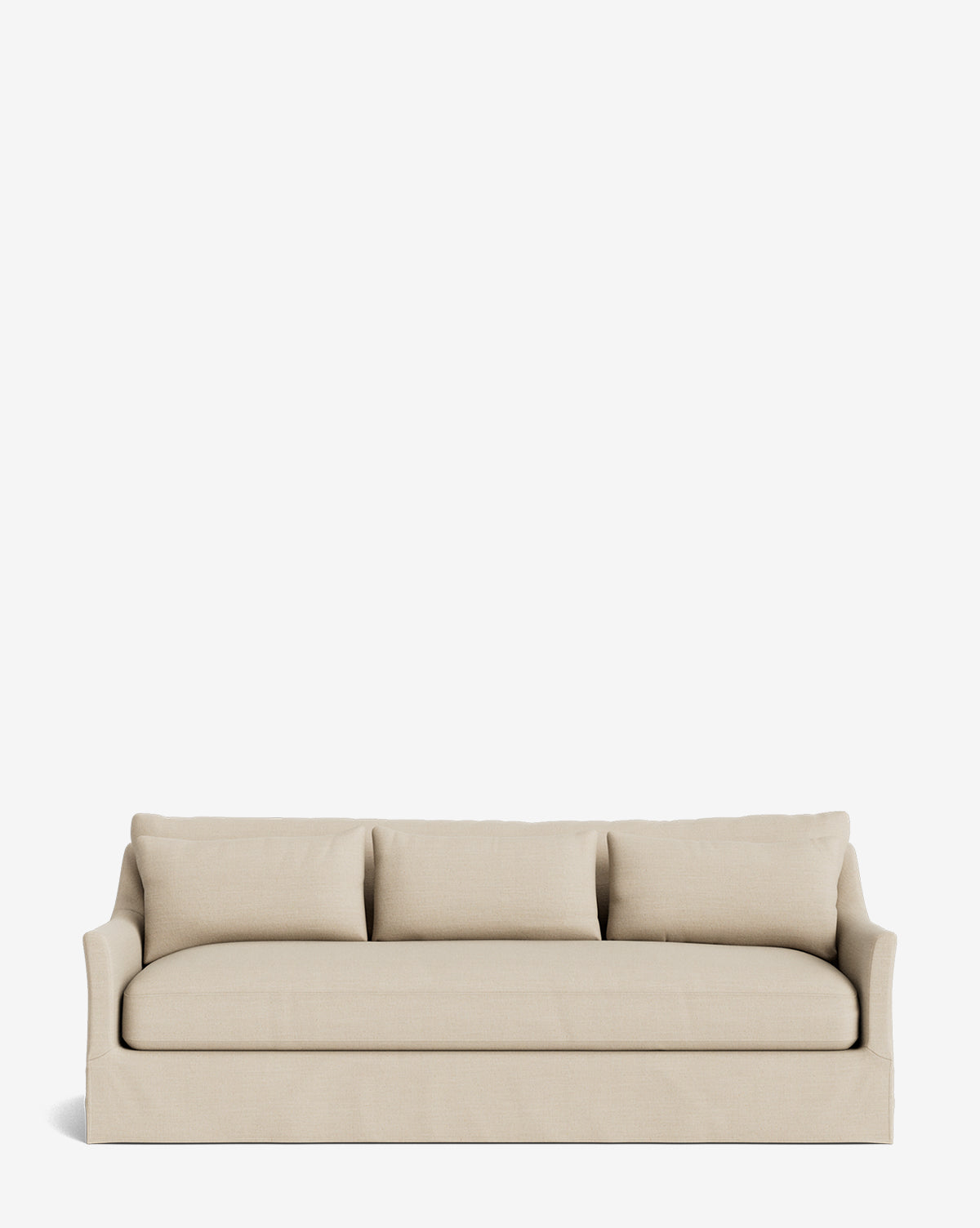 The Wilhelmina Deep Slipcover Sofa (85-110) is a beige, three-seat sofa with three back cushions and slightly flared arms, shown against a plain white background by McGee & Co.