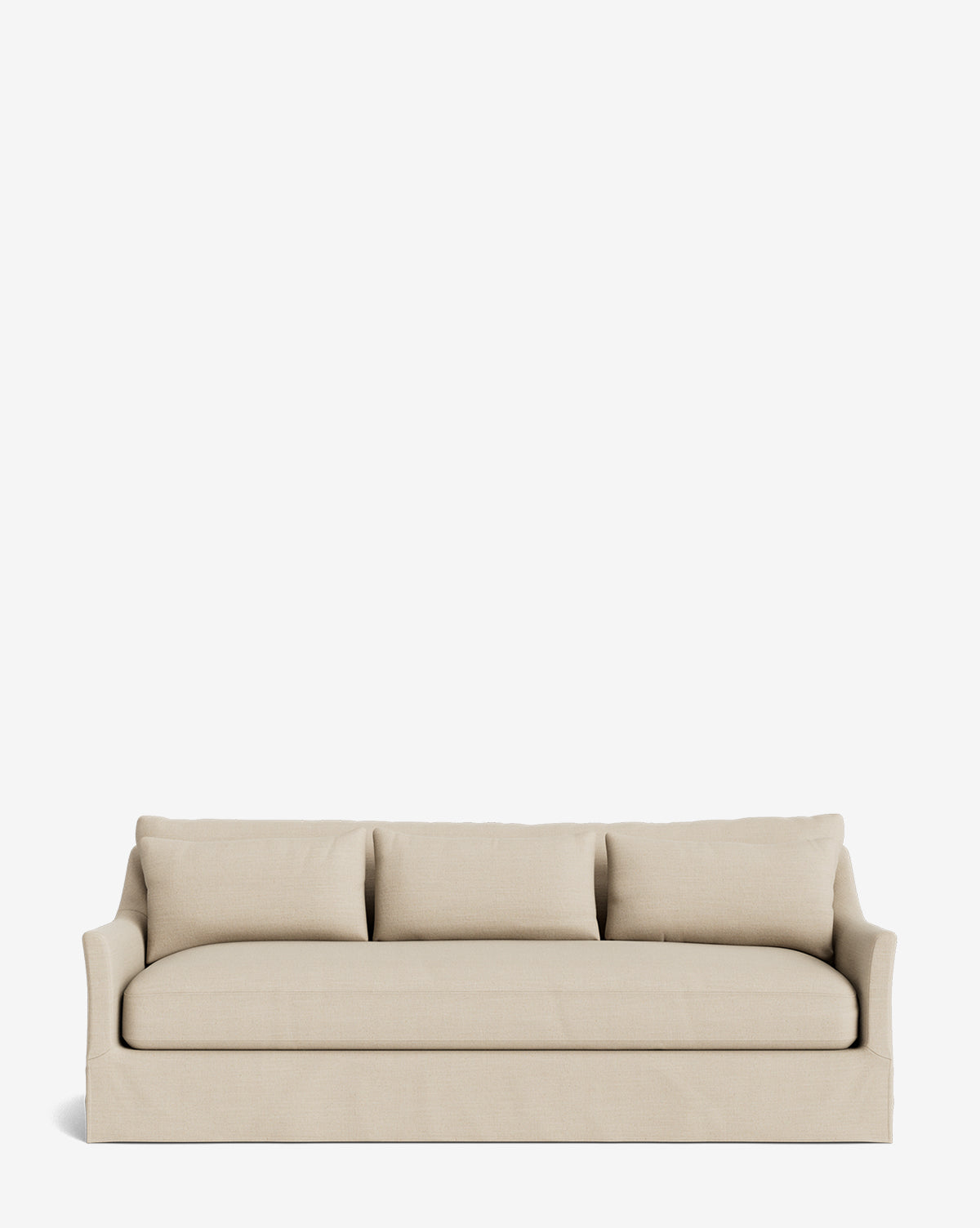 The Wilhelmina Deep Slipcover Sofa (85-110) is a beige three-seater with three back cushions and a skirted base, shown on a plain white background by McGee & Co.