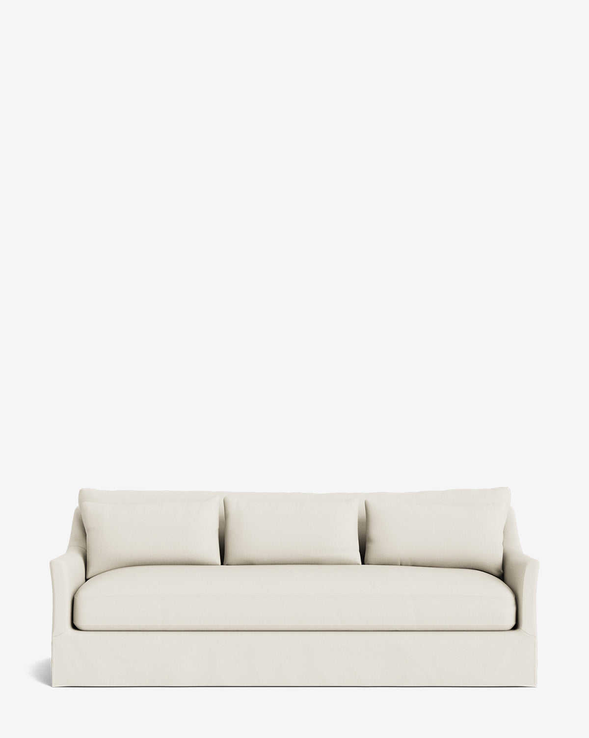 The Wilhelmina Deep Slipcover Sofa (85-110) is a modern, deep sofa in off-white fabric with three large back cushions and gently curved armrests. Its clean, simple design stands out against a plain white background, by McGee & Co.
