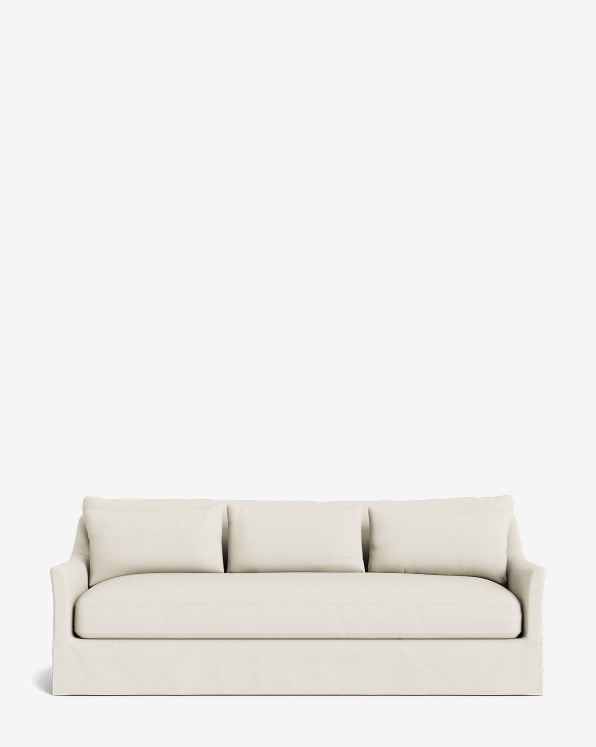 The Wilhelmina Deep Slipcover Sofa (85-110) features a modern white design with three back cushions, a plush seat, and a skirted base, shown against a plain white background by McGee & Co.