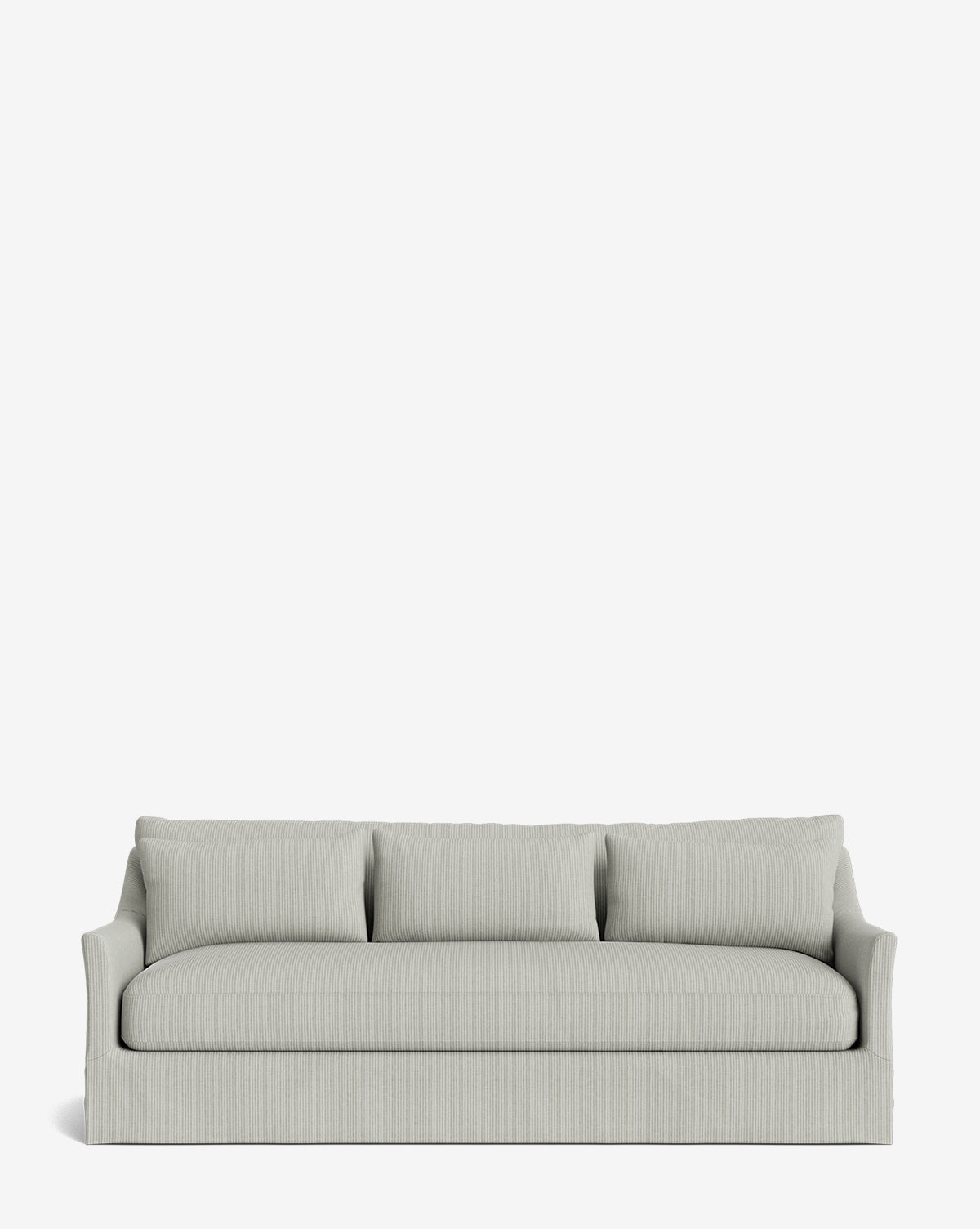 The Wilhelmina Deep Slipcover Sofa (85-110”) features a light gray color, three back cushions, and a modern minimalist design—offering luxurious seating for three against a plain white background, by McGee & Co.