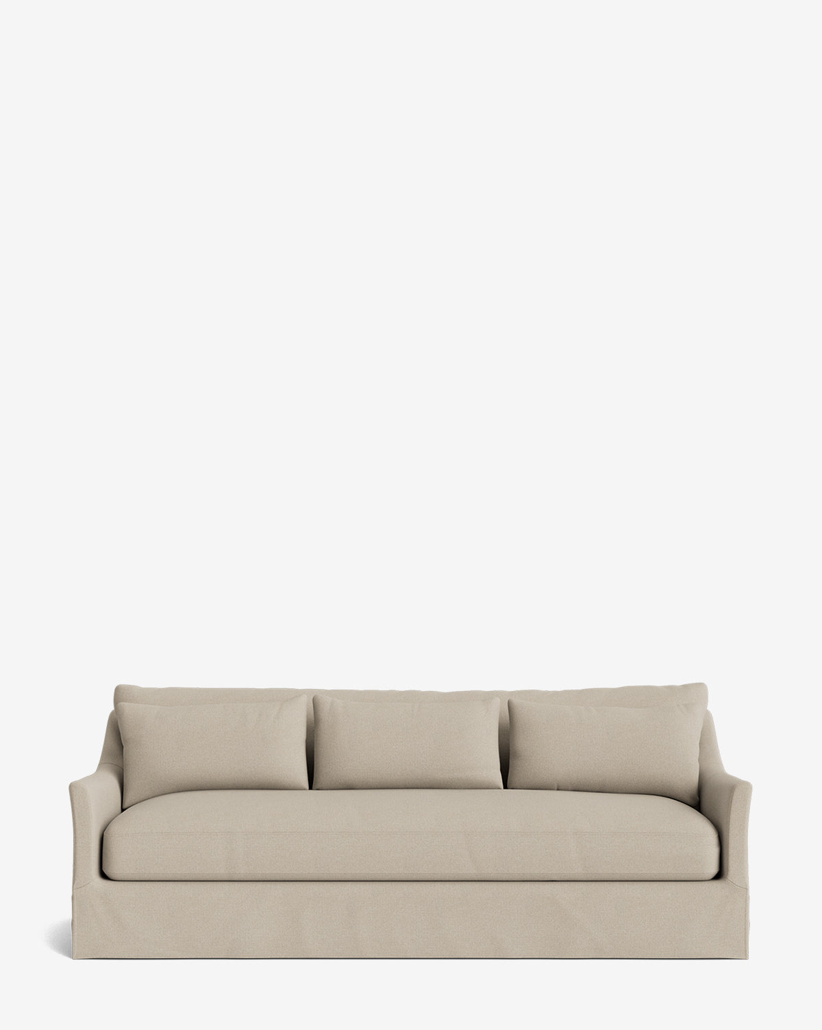 The Wilhelmina Deep Slipcover Sofa (85-110) in beige, featuring three back cushions and gently curved armrests, offers luxurious seating for three against a plain white backdrop by McGee & Co.