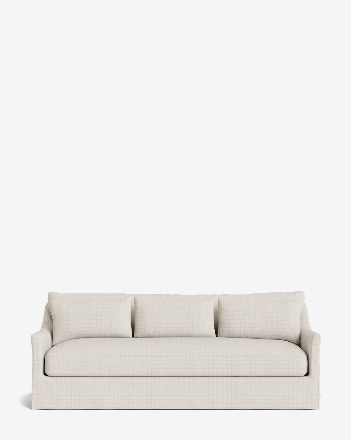 The Wilhelmina Deep Slipcover Sofa (85-110) is a beige upholstered sofa with three large seat cushions, three back pillows, and slightly curved arms. Shown on a white background, its simple modern design offers a luxurious seating experience by McGee & Co.