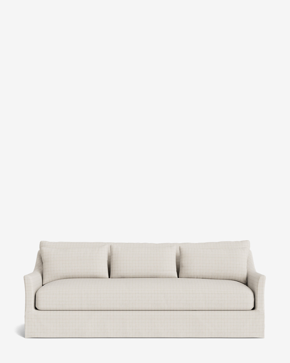 The Wilhelmina Deep Slipcover Sofa (85-110), in light beige with three back cushions and a skirted base, offers a luxurious, modern seat against a plain white background, by McGee & Co.