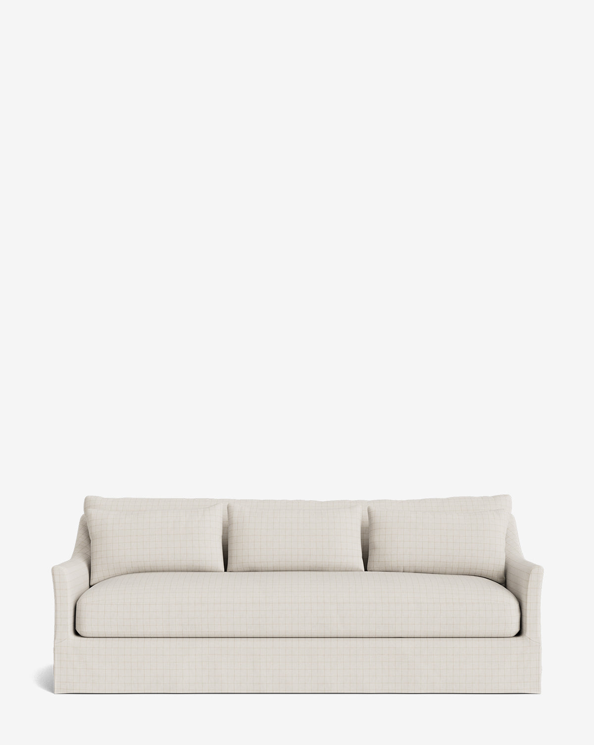 The Wilhelmina Deep Slipcover Sofa (85-110) in beige features three large back cushions and a skirted base, offering luxurious seating for three against a plain white background, by McGee & Co.